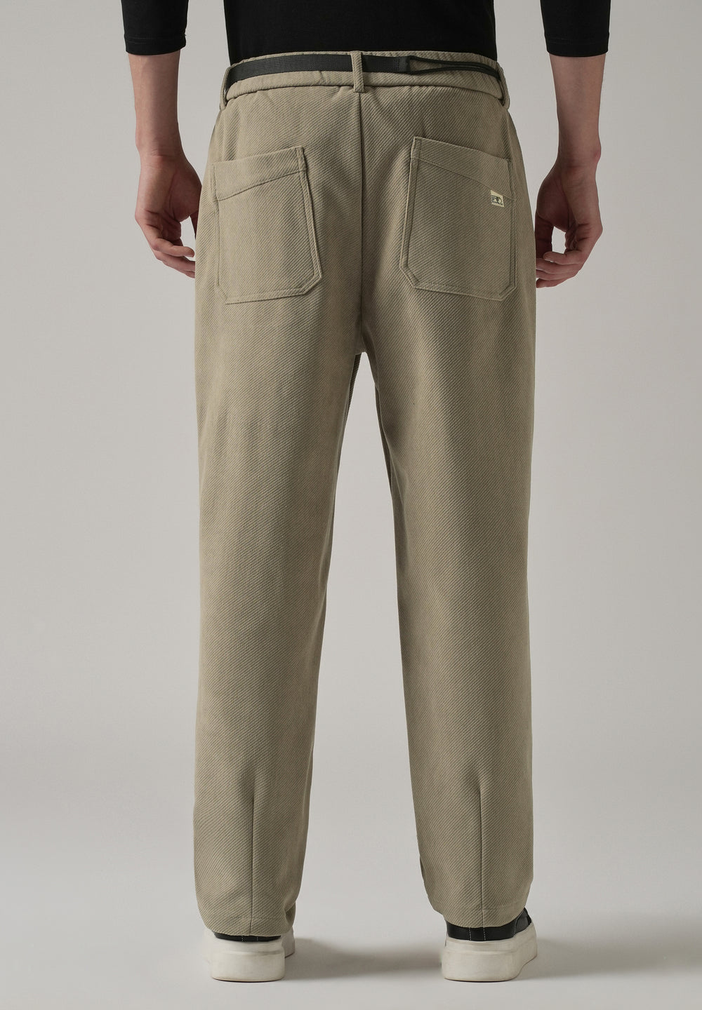 Beige Textured Corduroy Belt Pant
