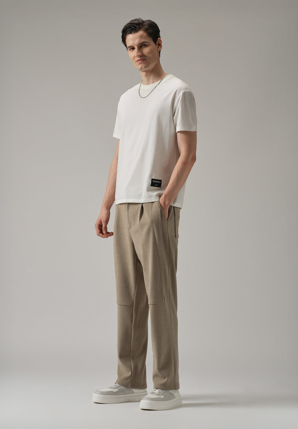 Beige Textured Suede Drawstring Pant