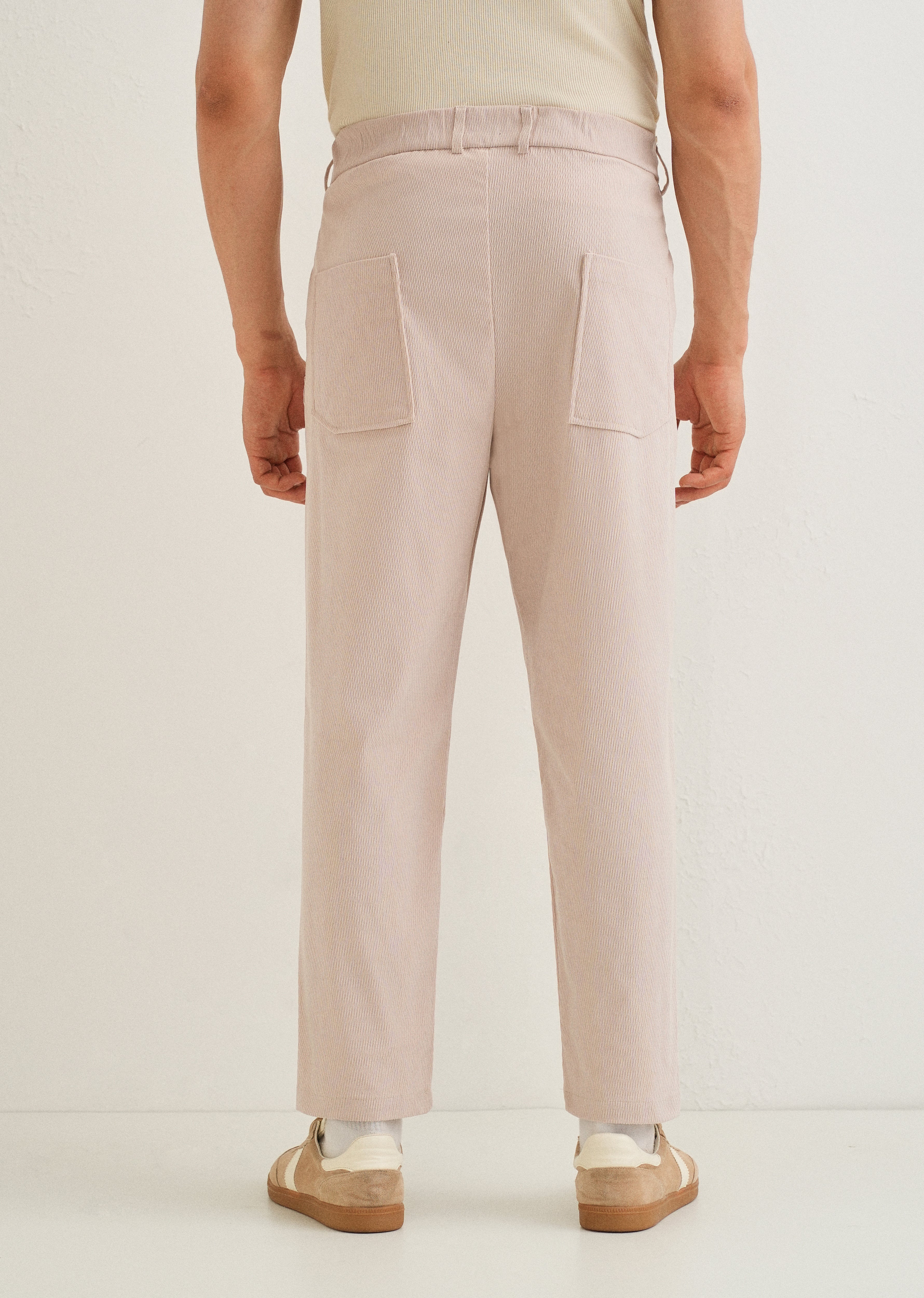 Beige Textured Corduroy Drawstring Pant