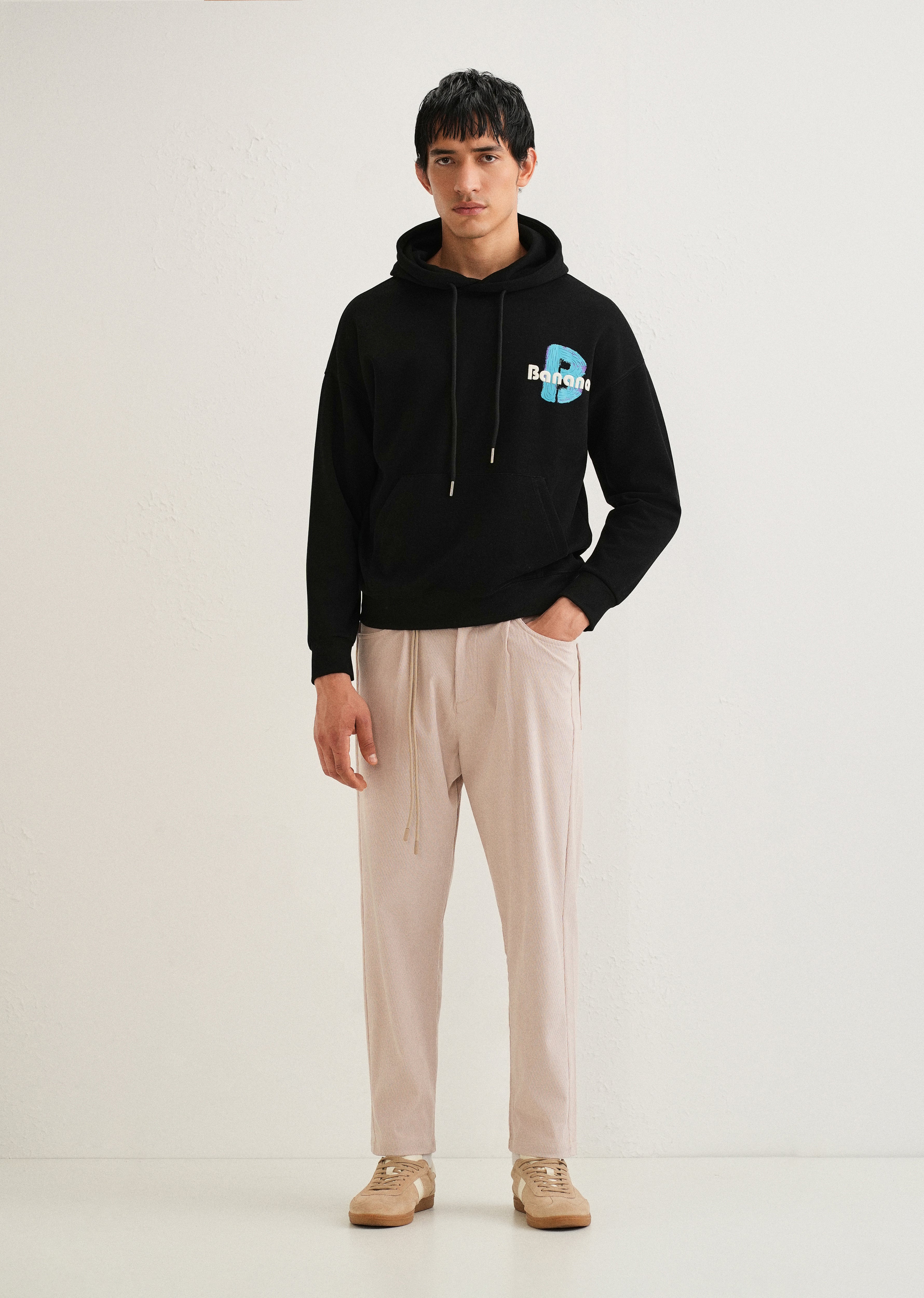 Beige Textured Corduroy Drawstring Pant