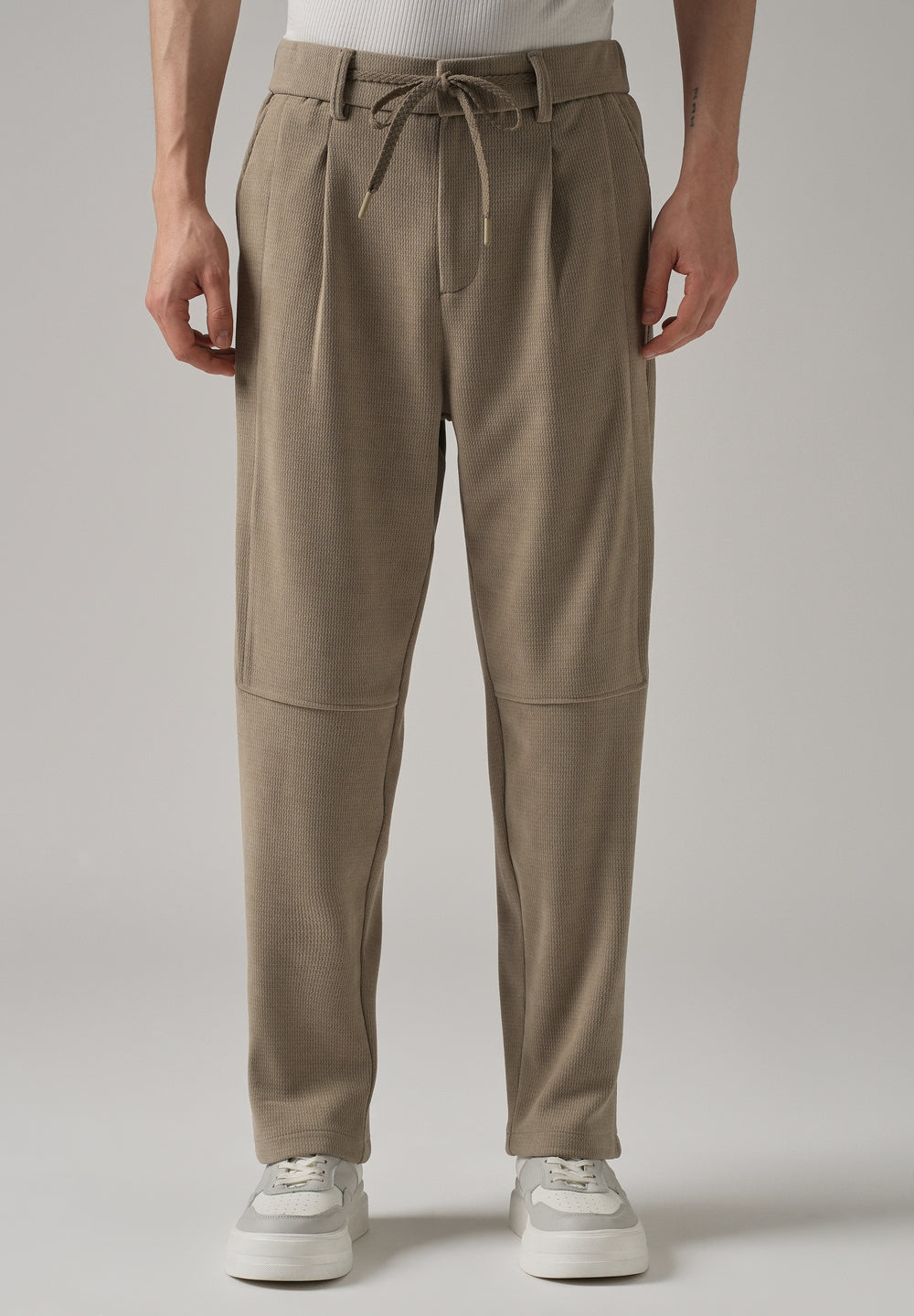 Beige Textured Suede Drawstring Pant