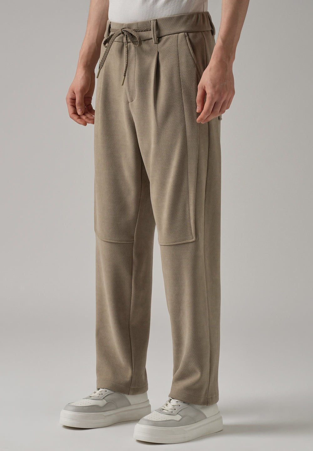 Beige Textured Suede Drawstring Pant