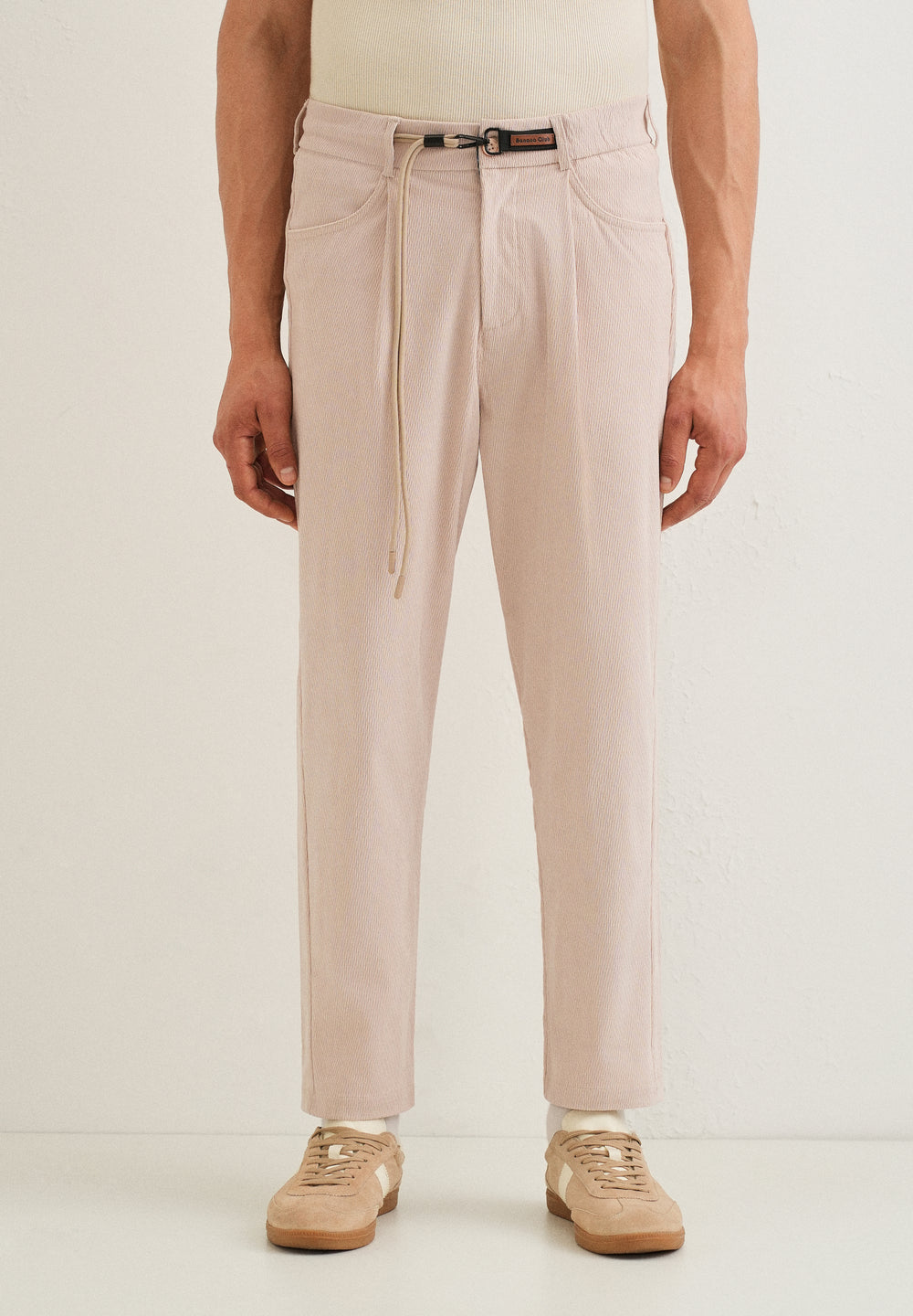 Beige Textured Corduroy Drawstring Pant