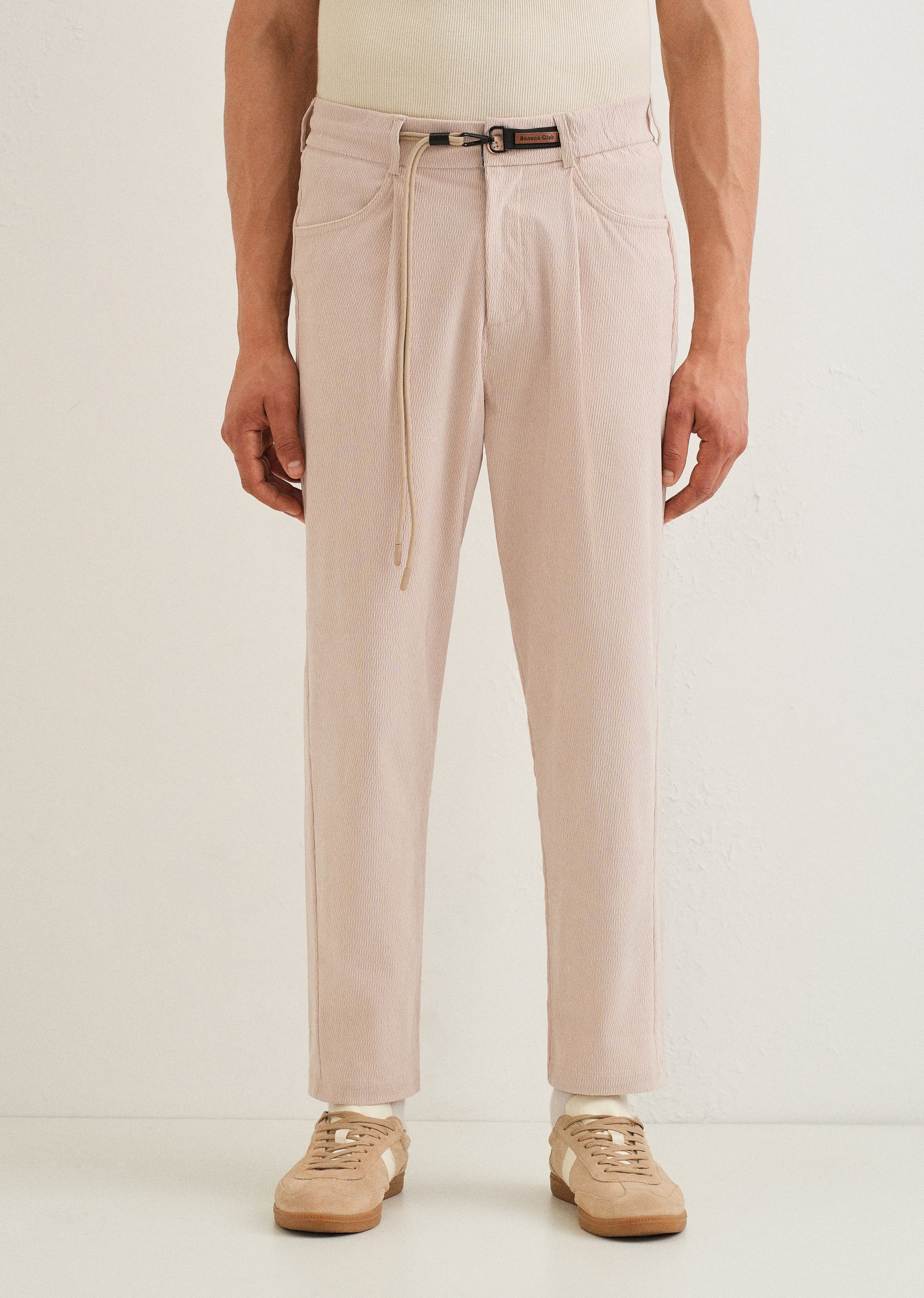 Beige Textured Corduroy Drawstring Pant