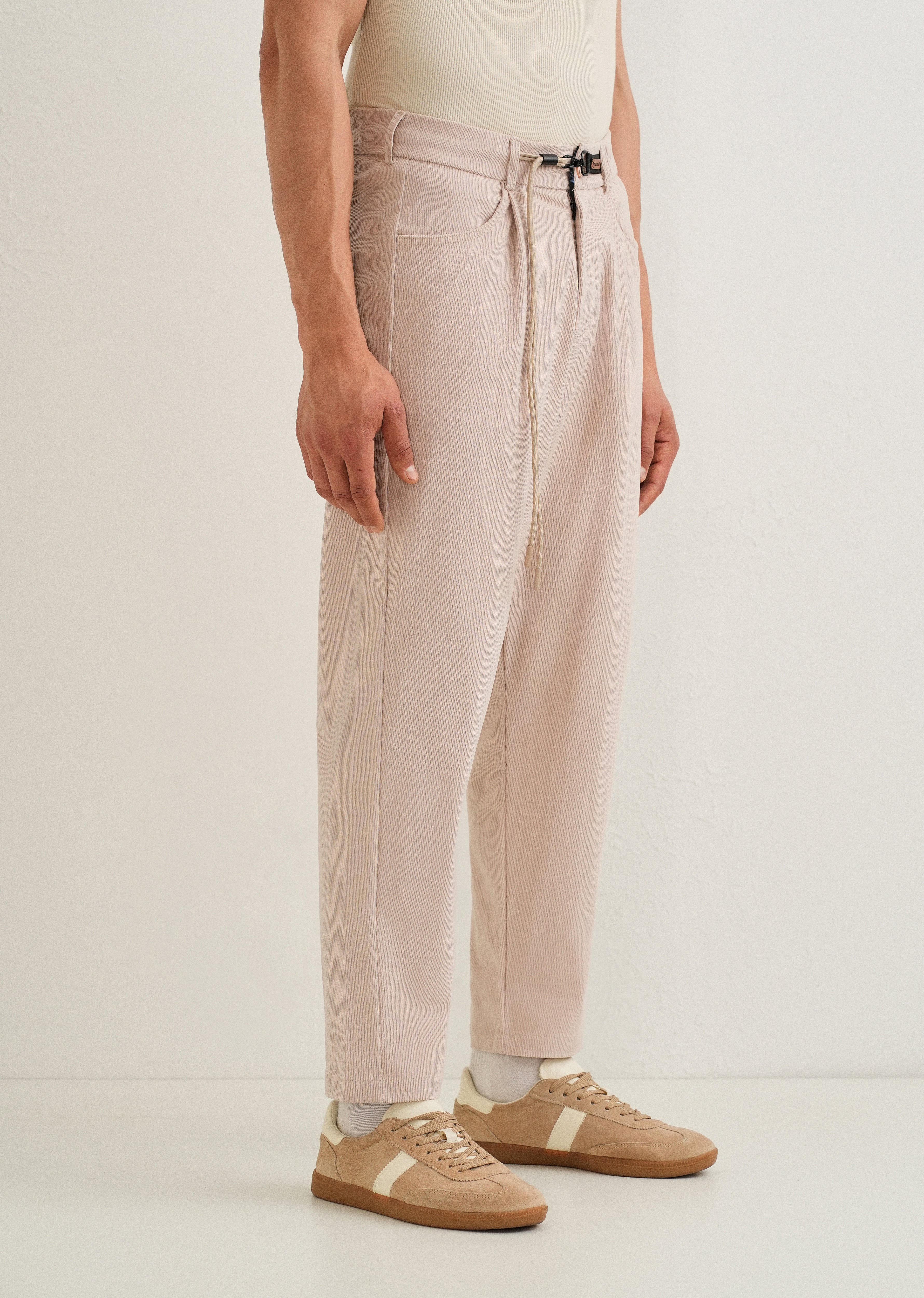 Beige Textured Corduroy Drawstring Pant