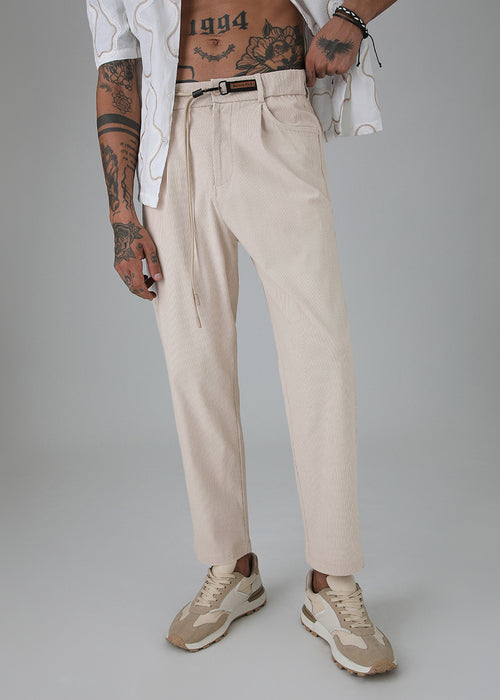 Beige Textured Corduroy Drawstring Pant