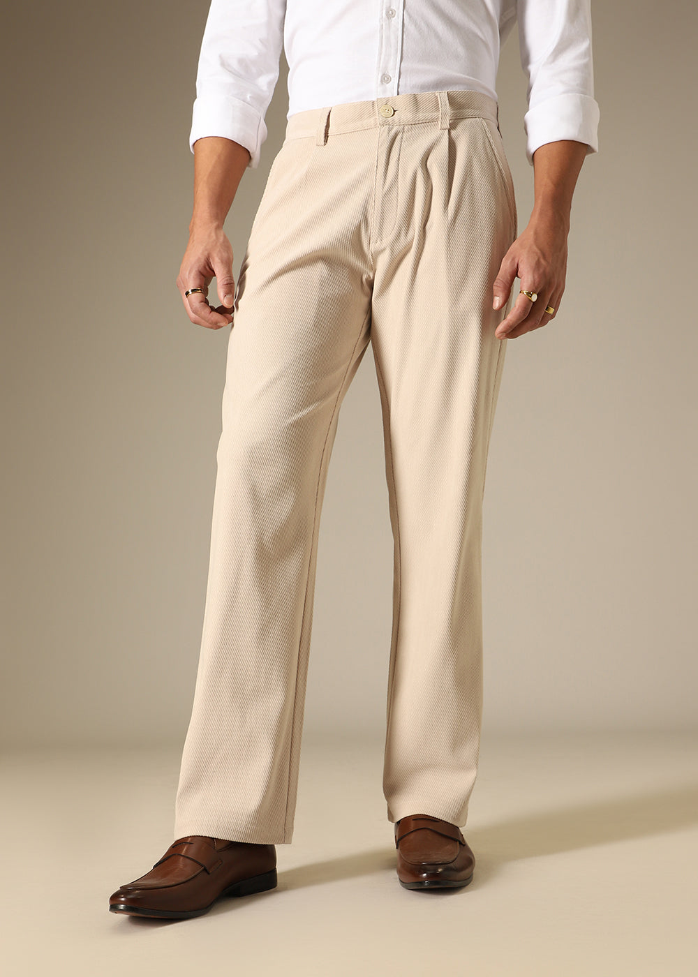 Beige Textured Corduroy Pant