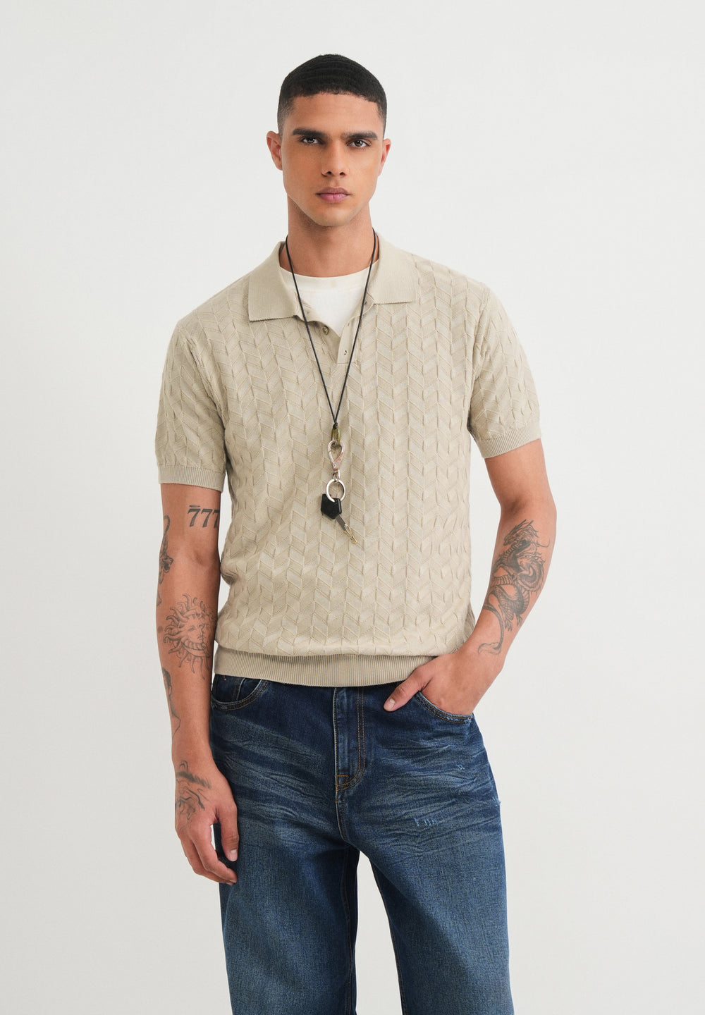 Beige Textured Knitted Polo