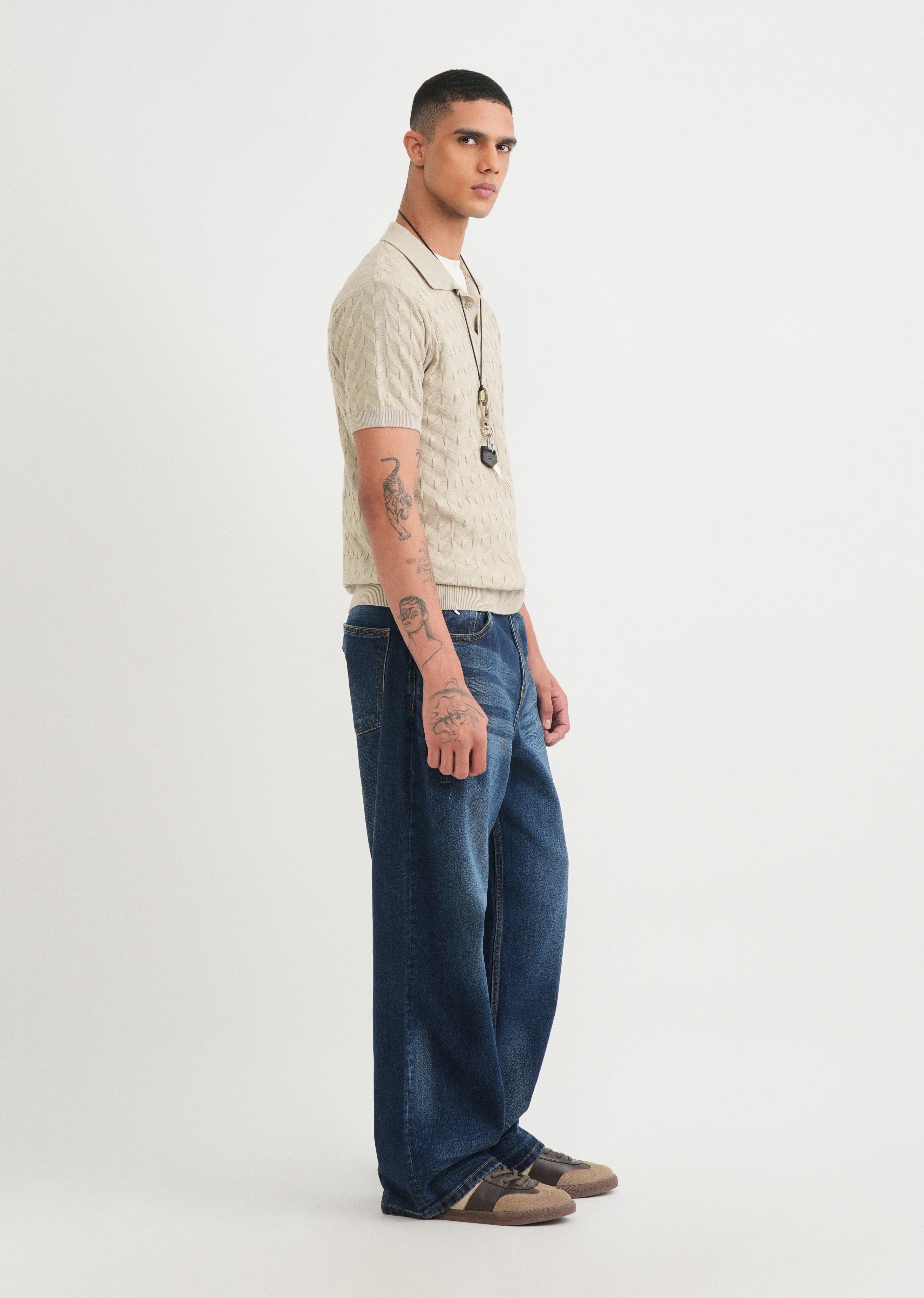 Beige Textured Knitted Polo