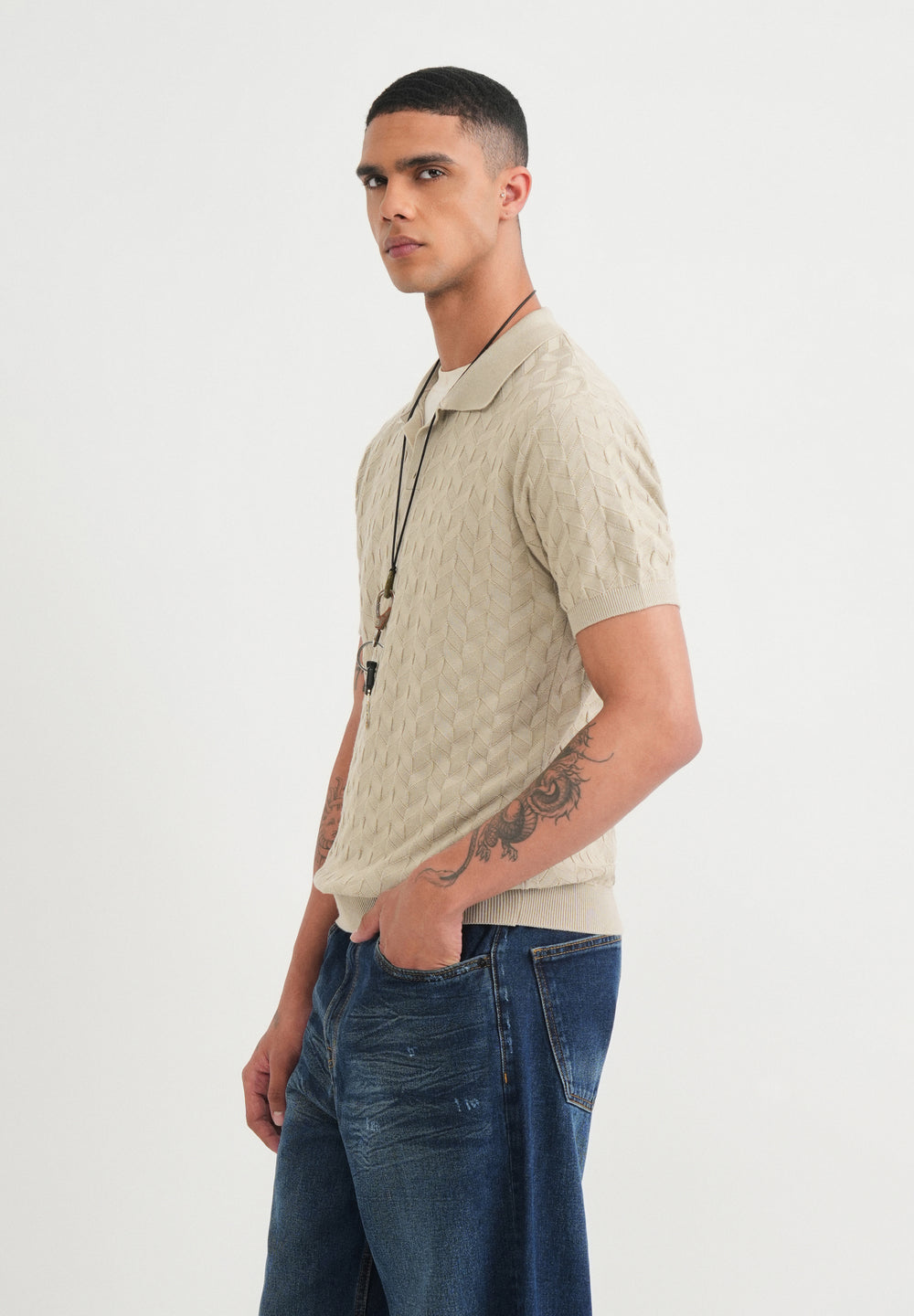 Beige Textured Knitted Polo