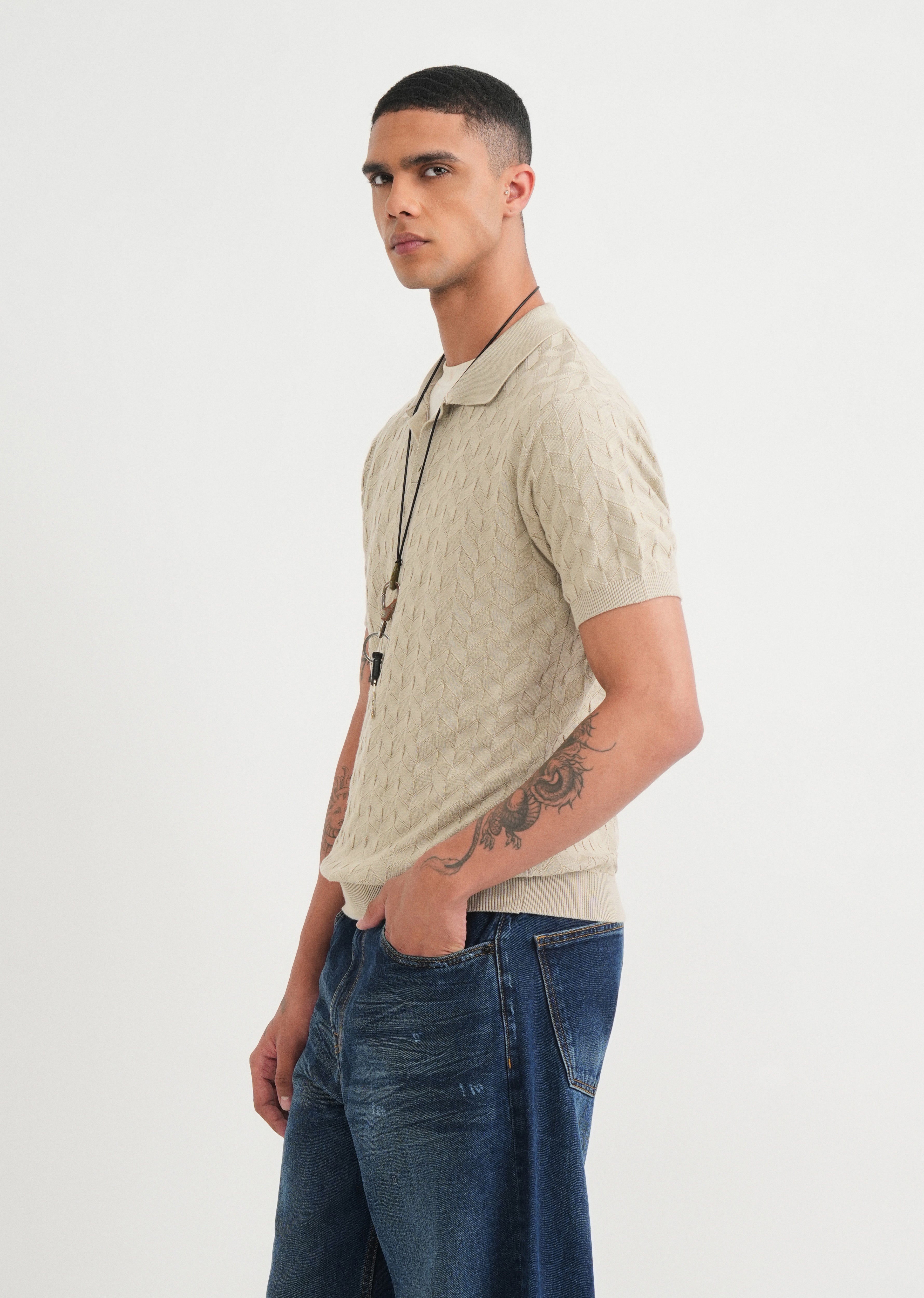 Beige Textured Knitted Polo