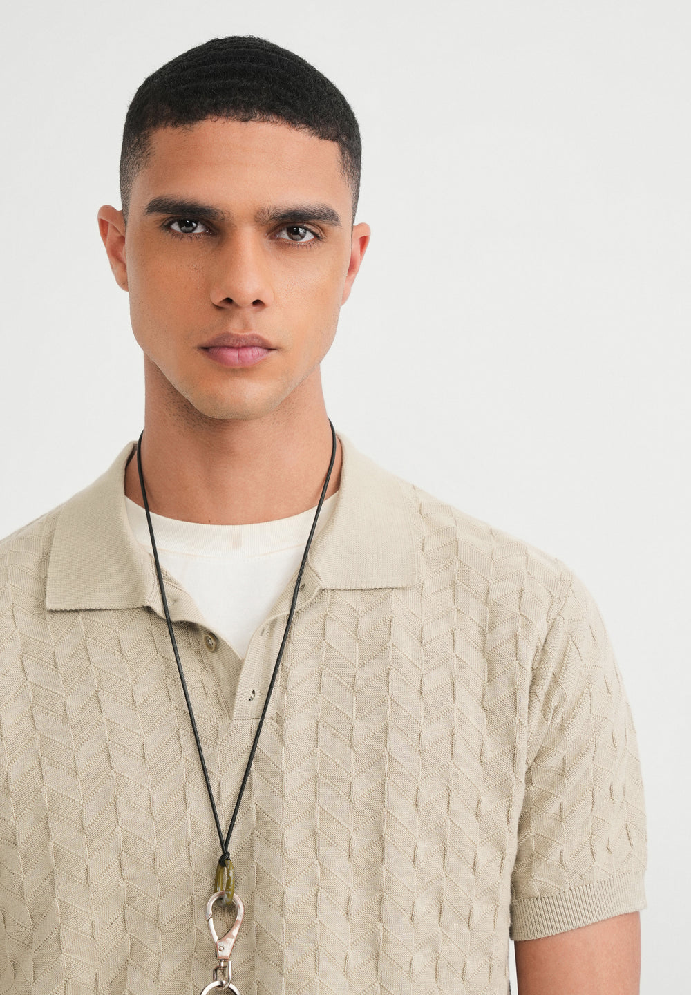 Beige Textured Knitted Polo