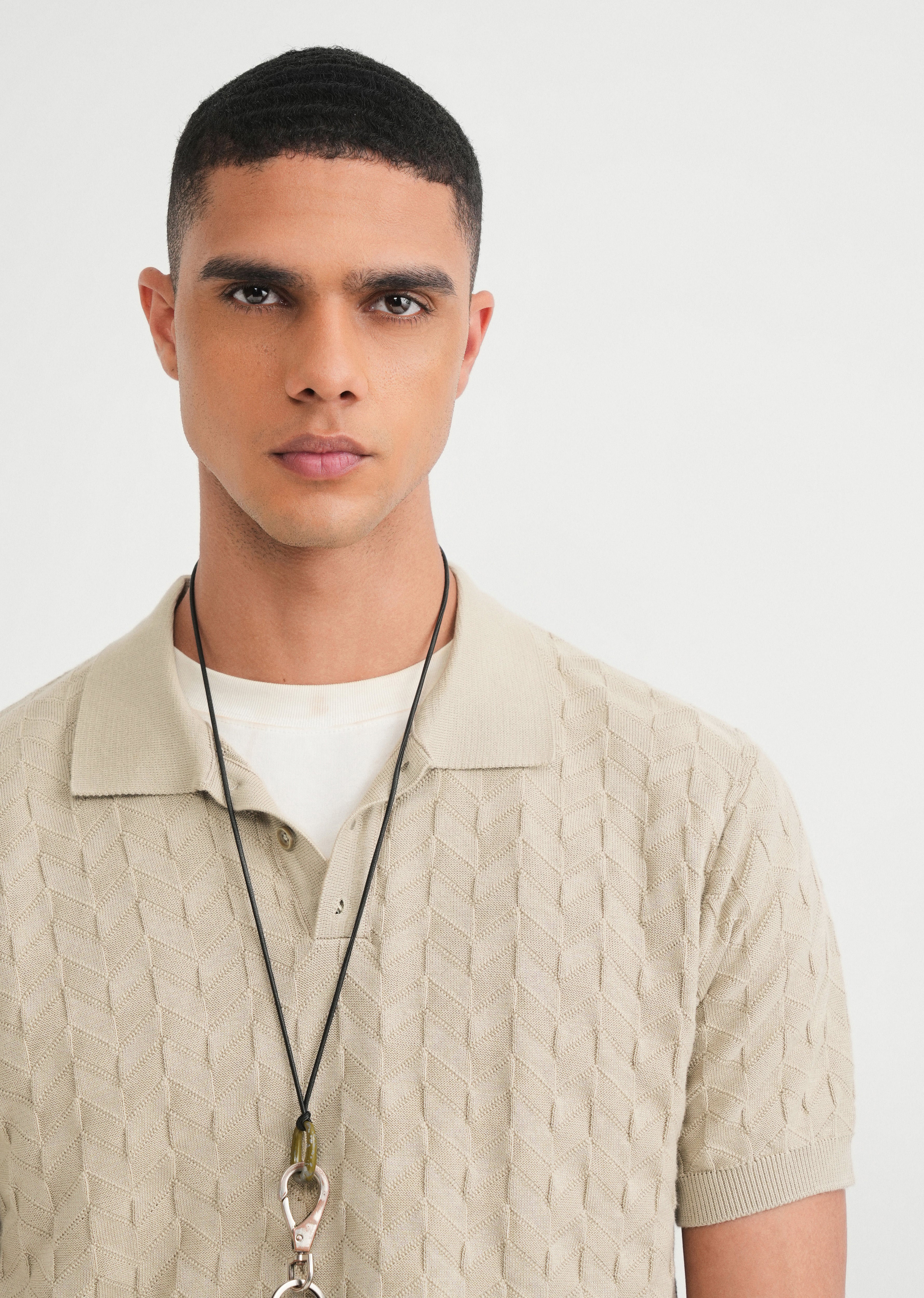 Beige Textured Knitted Polo