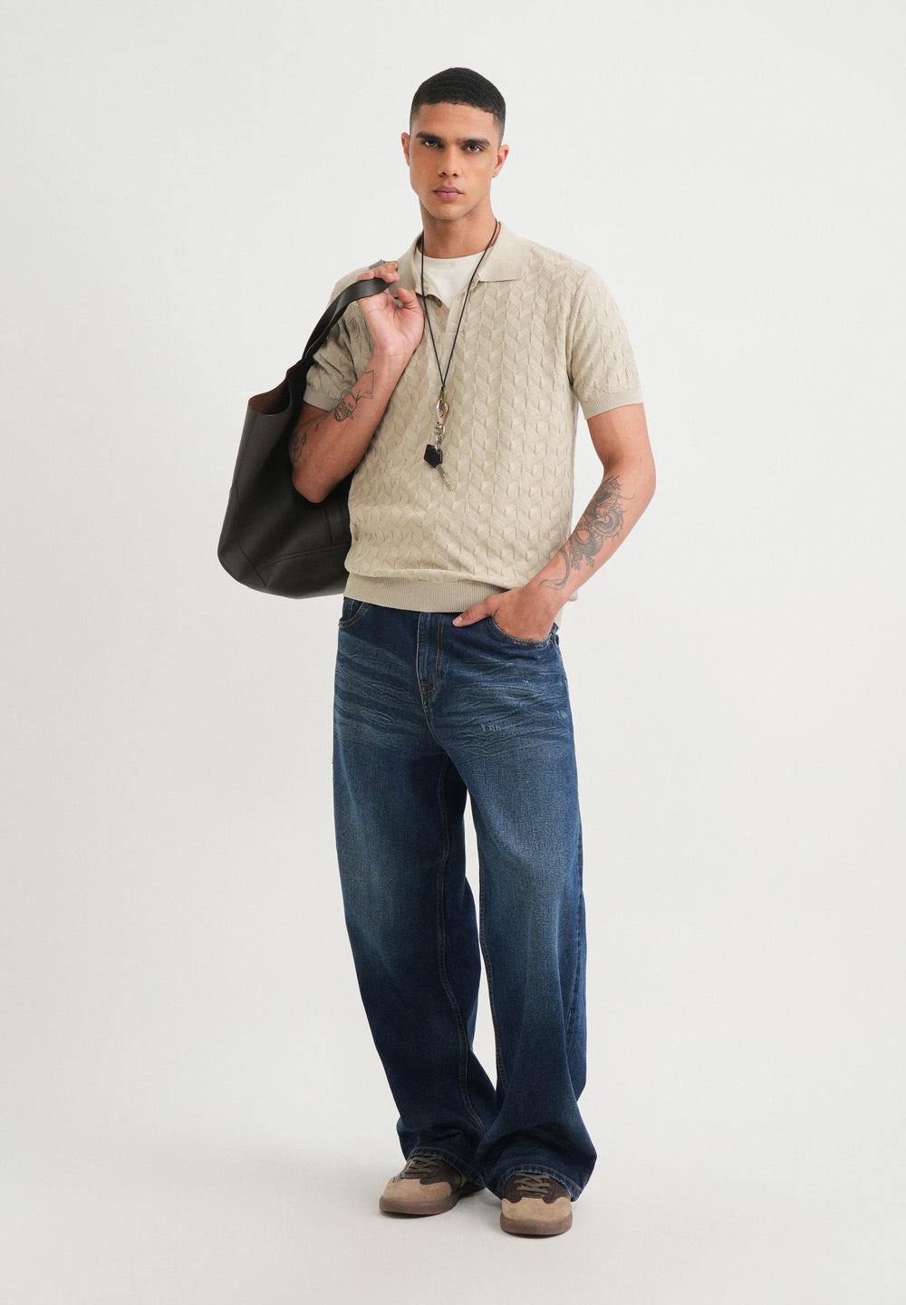 Beige Textured Knitted Polo