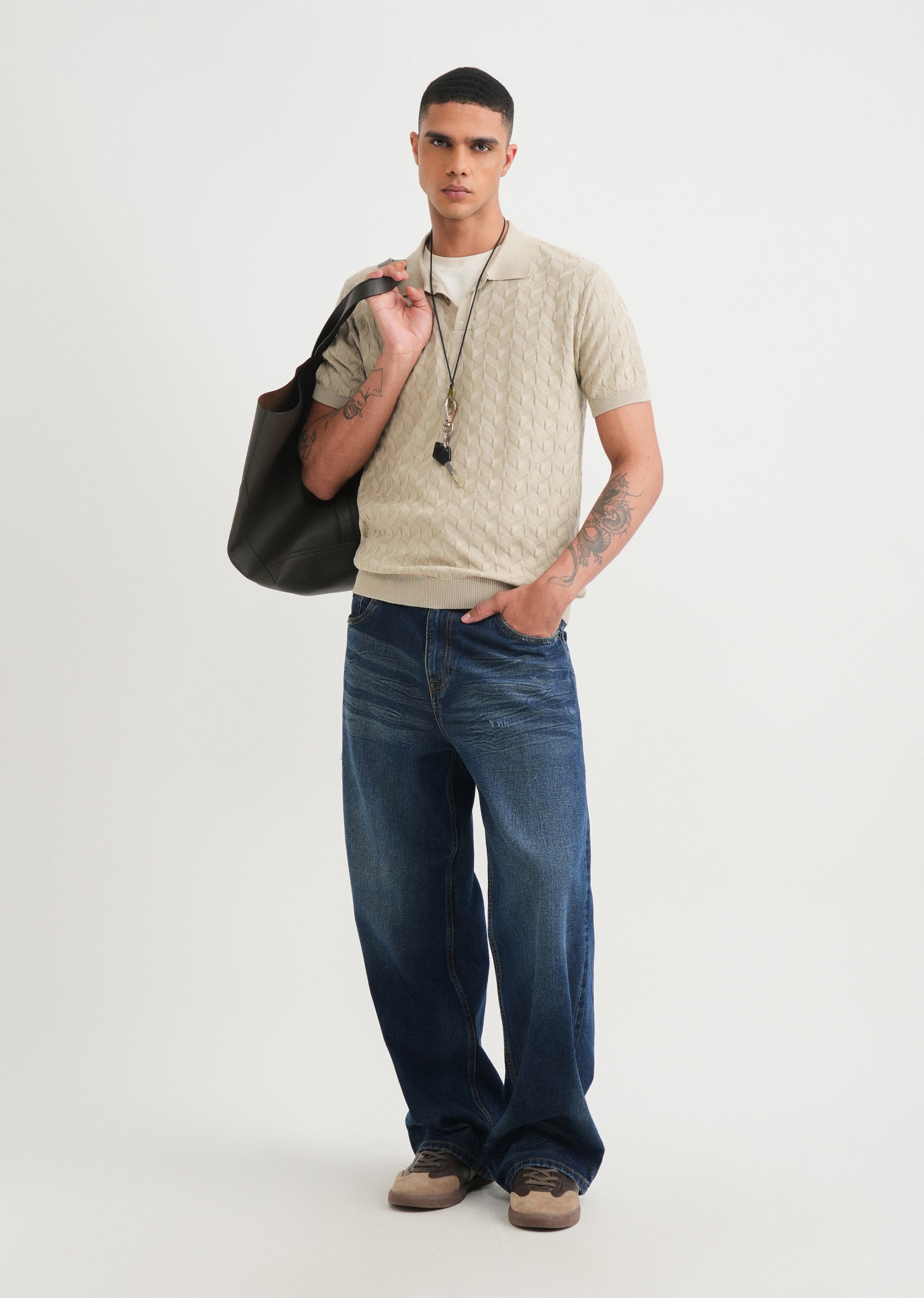 Beige Textured Knitted Polo