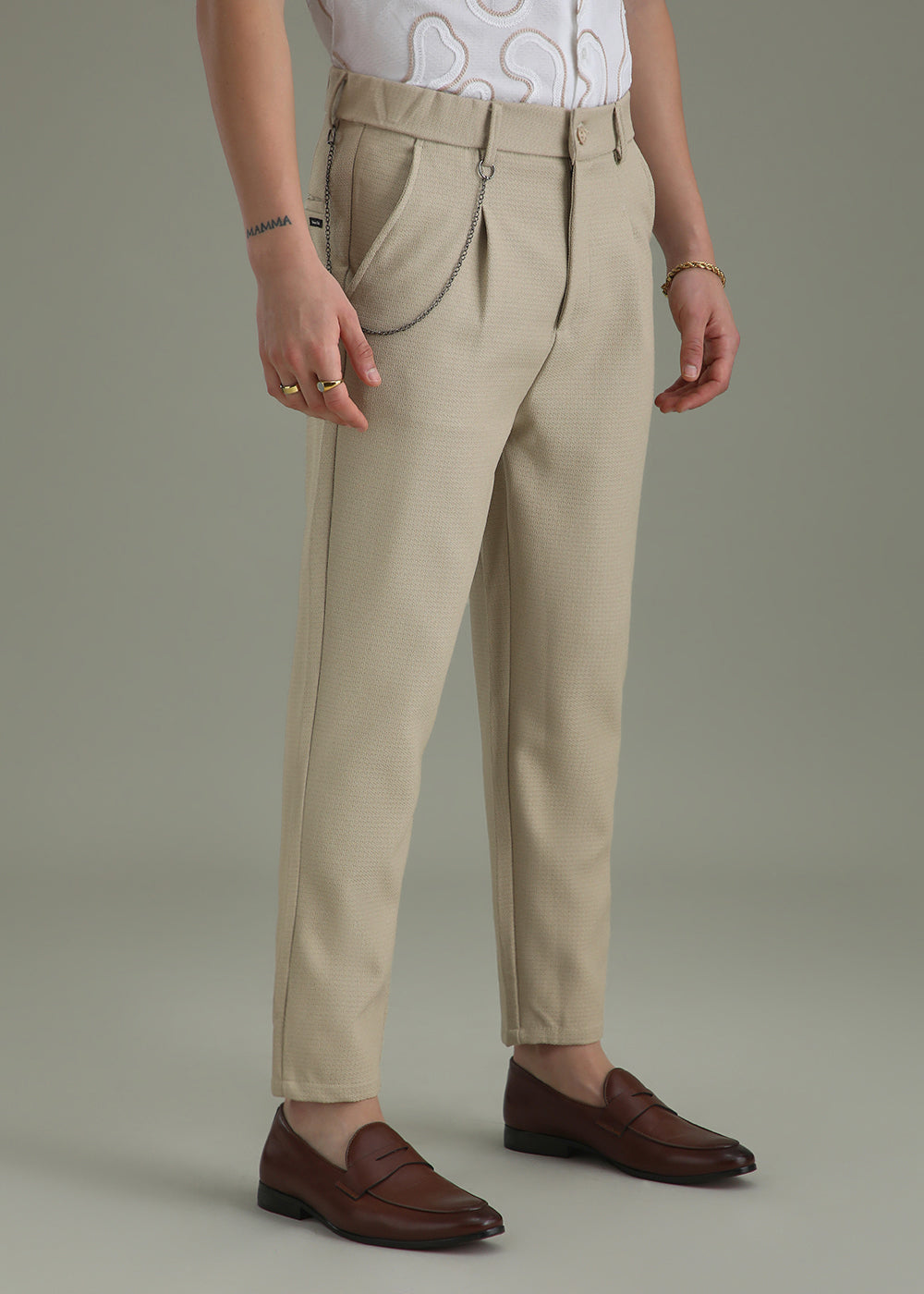 Beige Textured Korean Pant