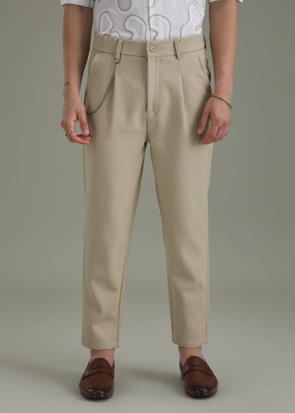 Beige Textured Korean Pant