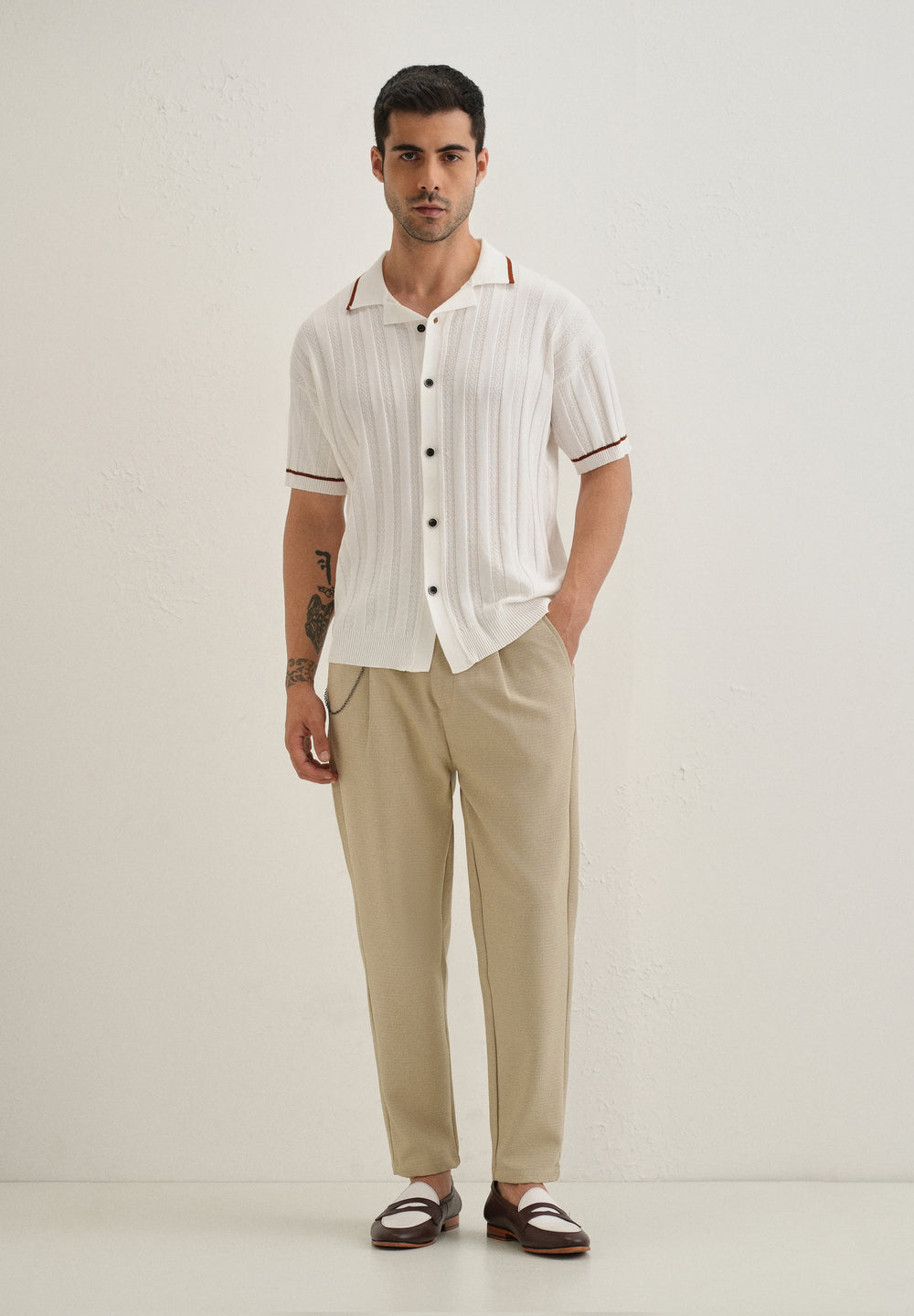 Beige Textured Korean Pant