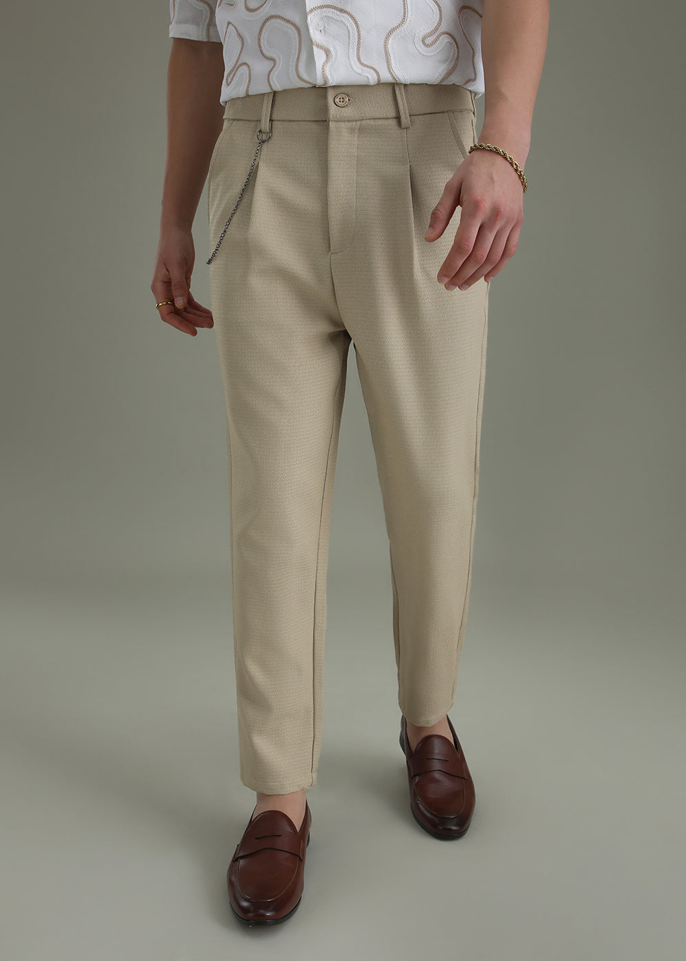 Beige Textured Korean Pant