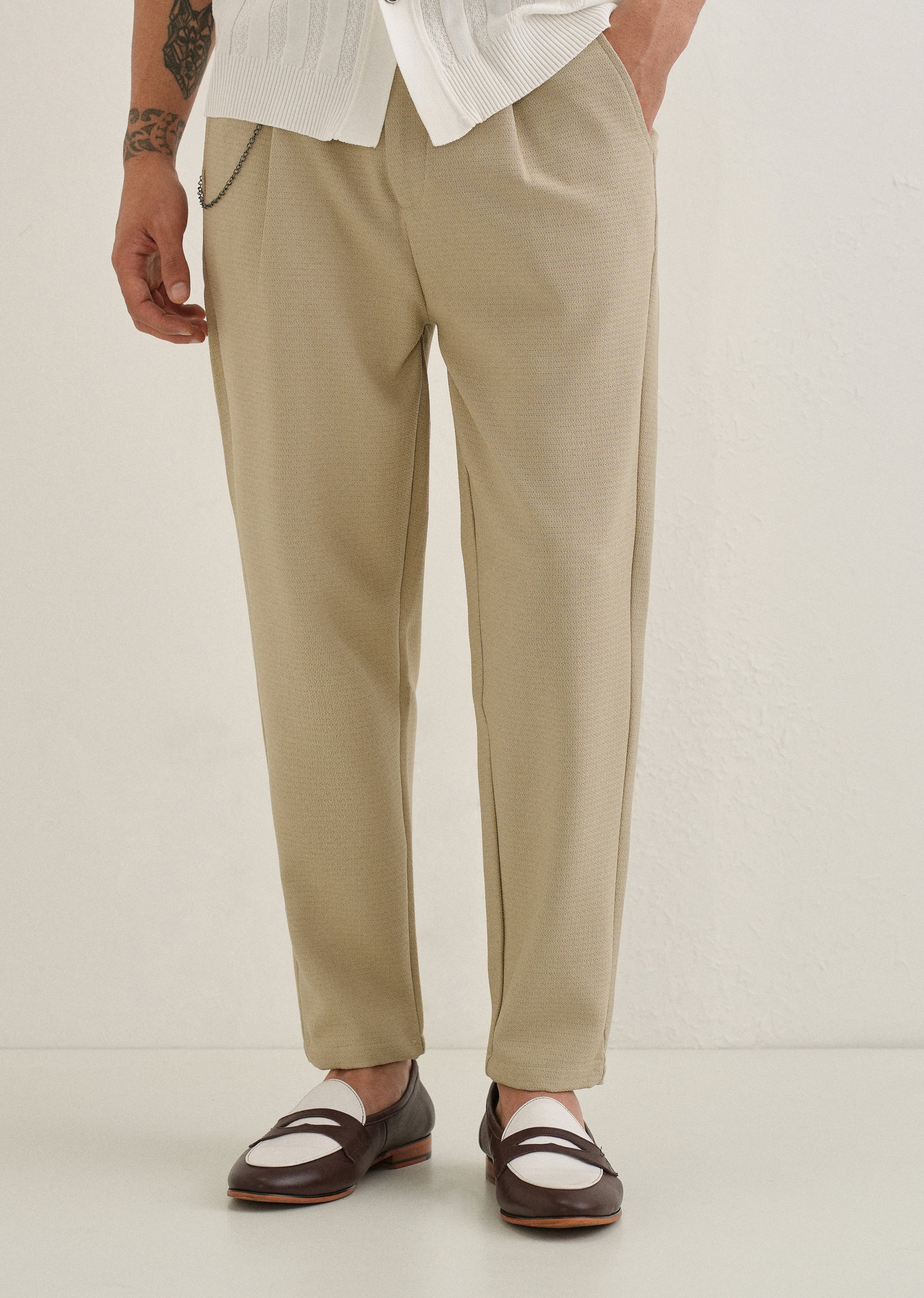 Beige Textured Korean Pant