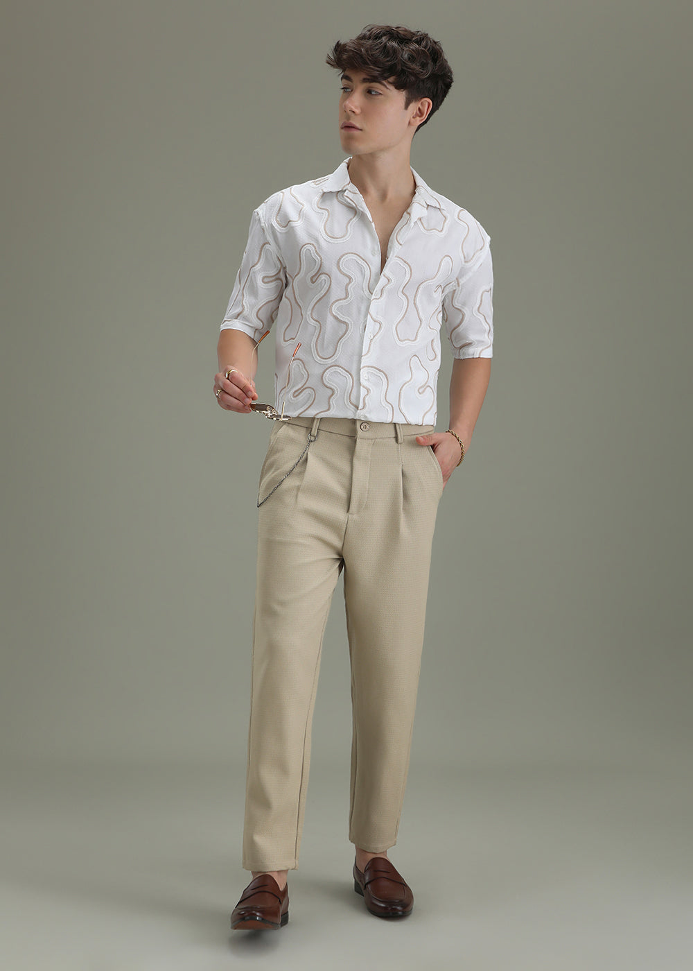 Beige Textured Korean Pant