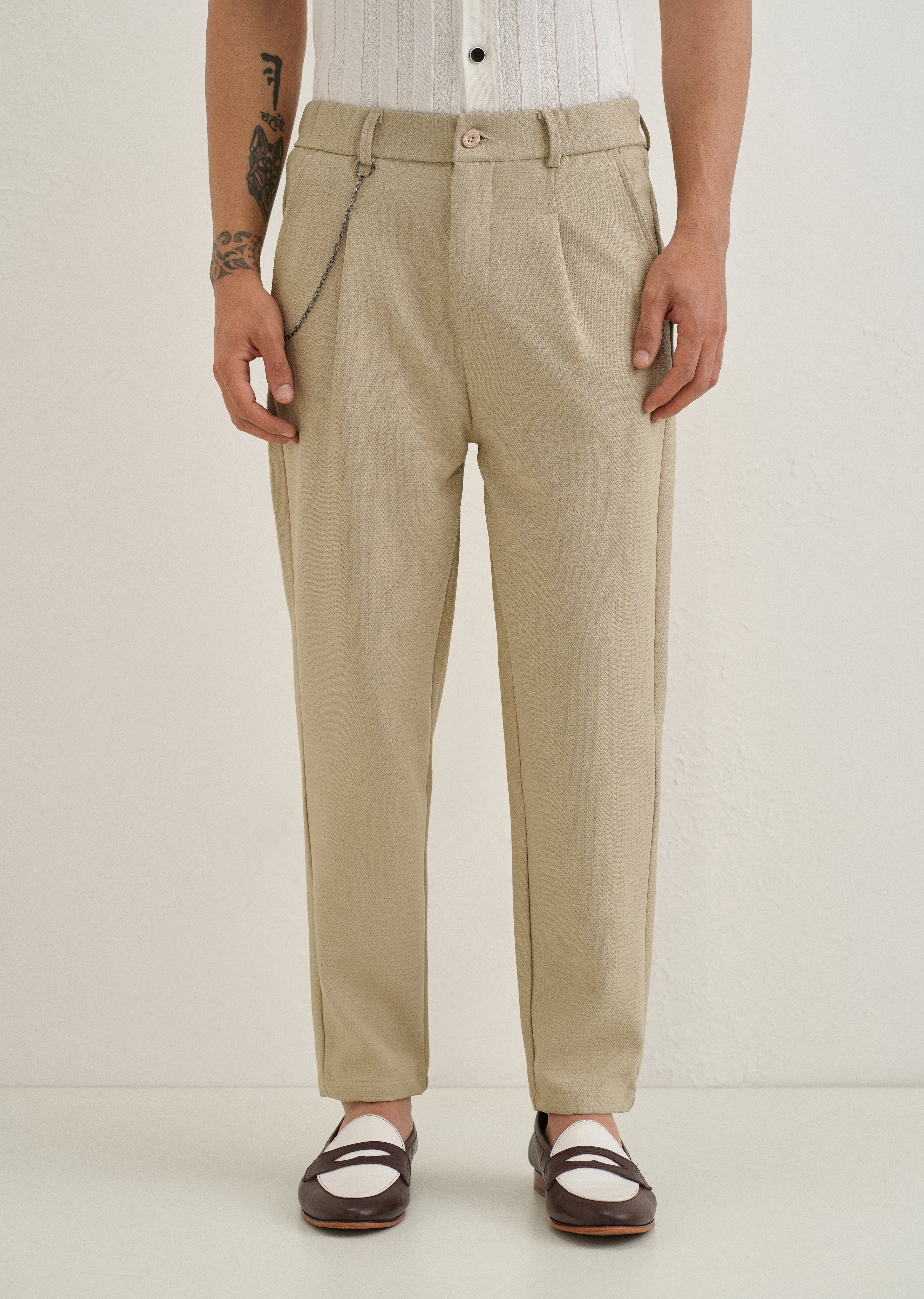 Beige Textured Korean Pant