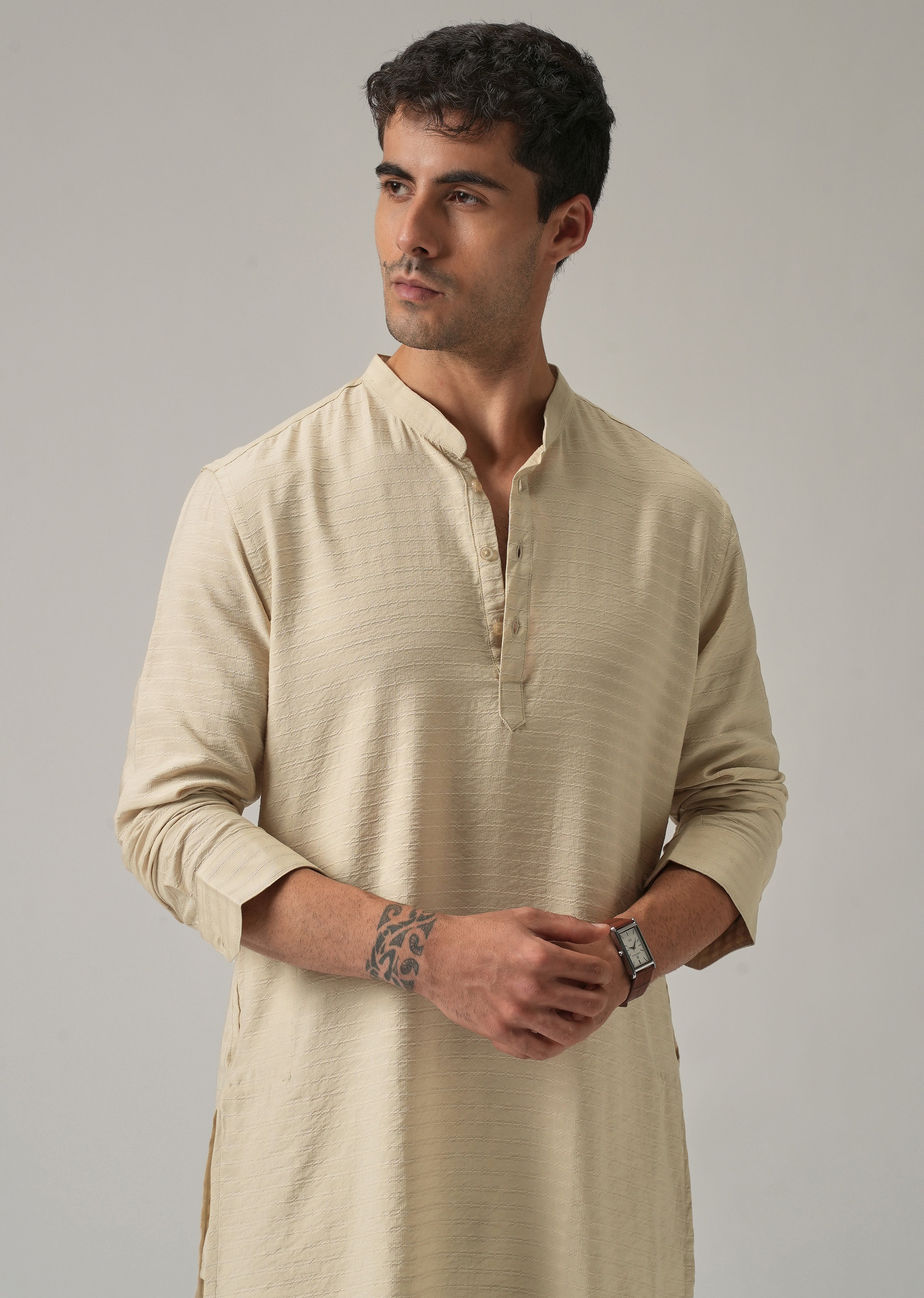 Beige Nylon Self Stripe Kurta