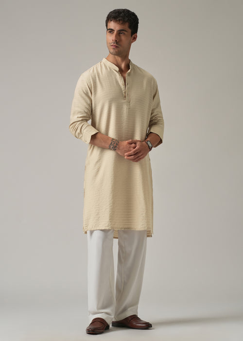 Beige Nylon Self Stripe Kurta