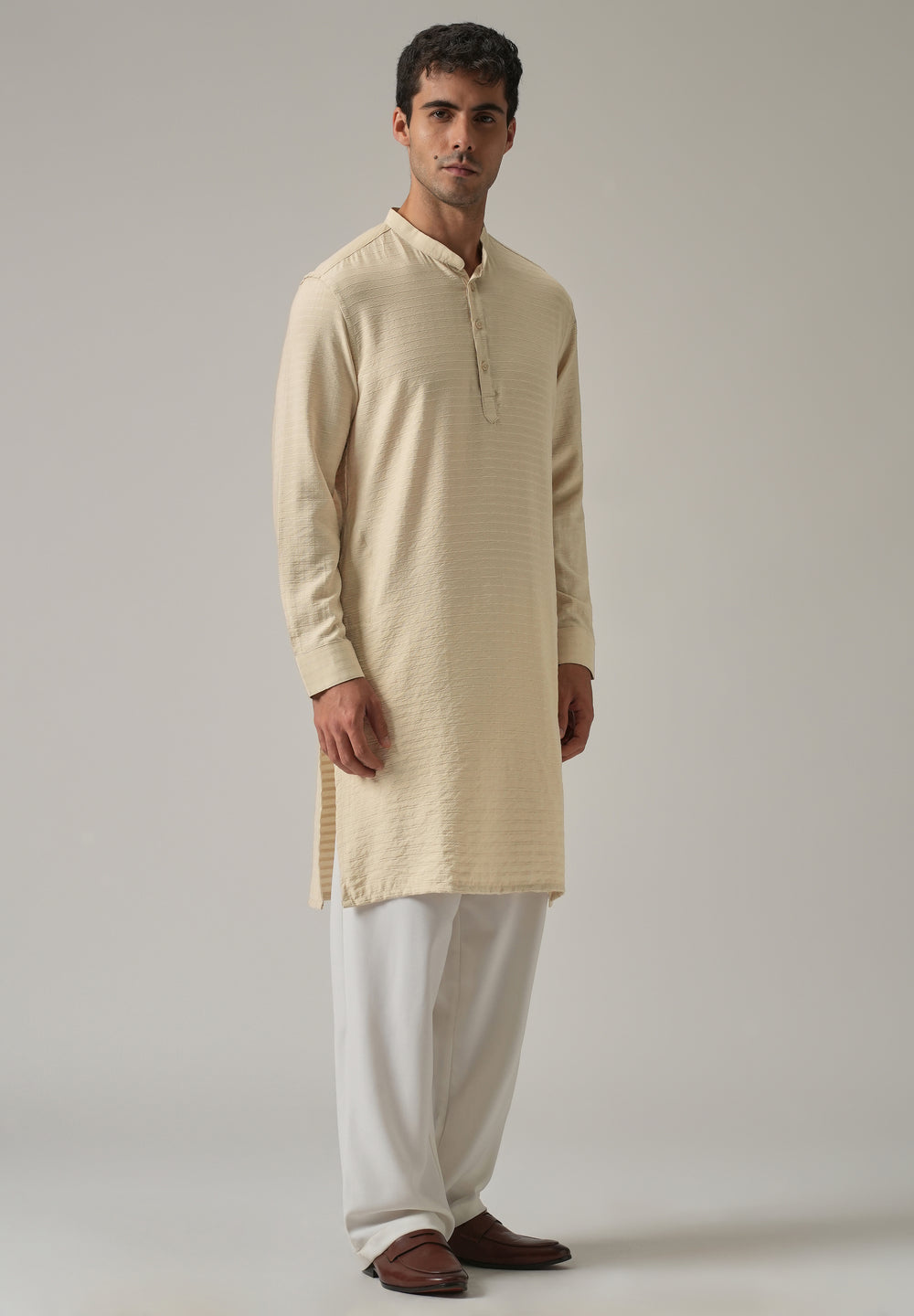 Beige Nylon Self Stripe Kurta