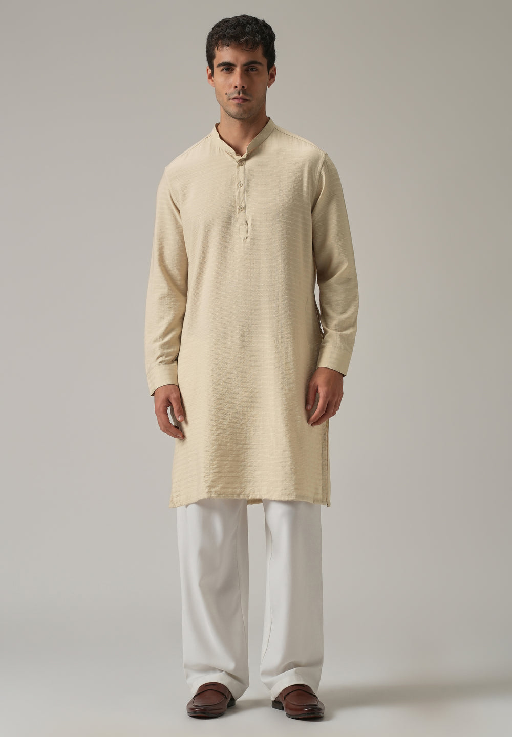 Beige Nylon Self Stripe Kurta