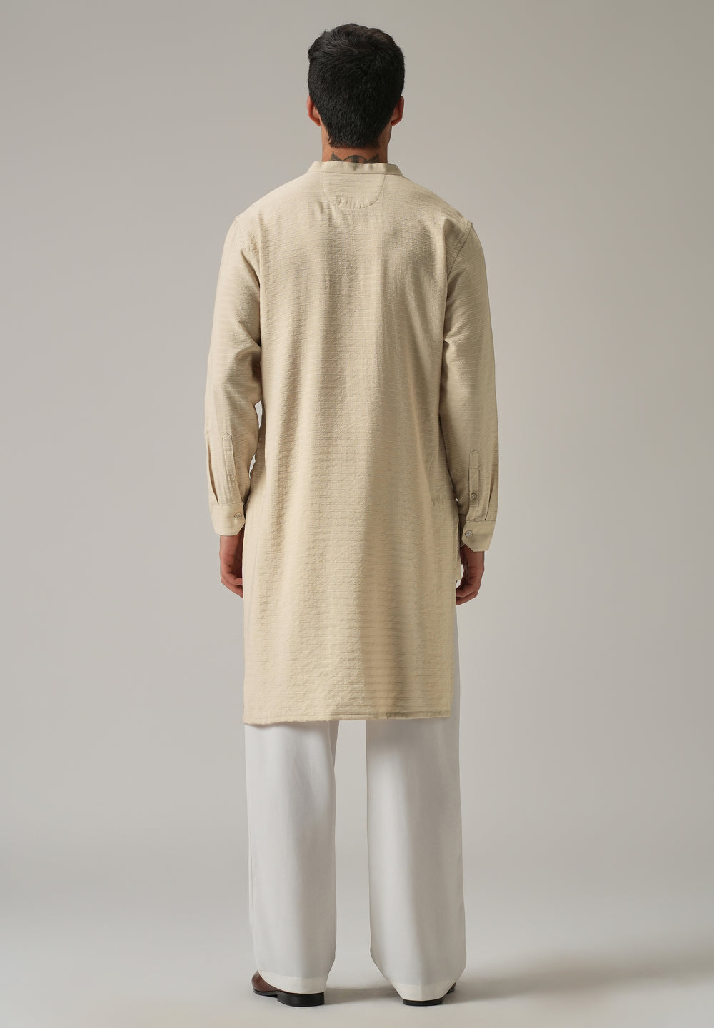 Beige Nylon Self Stripe Kurta