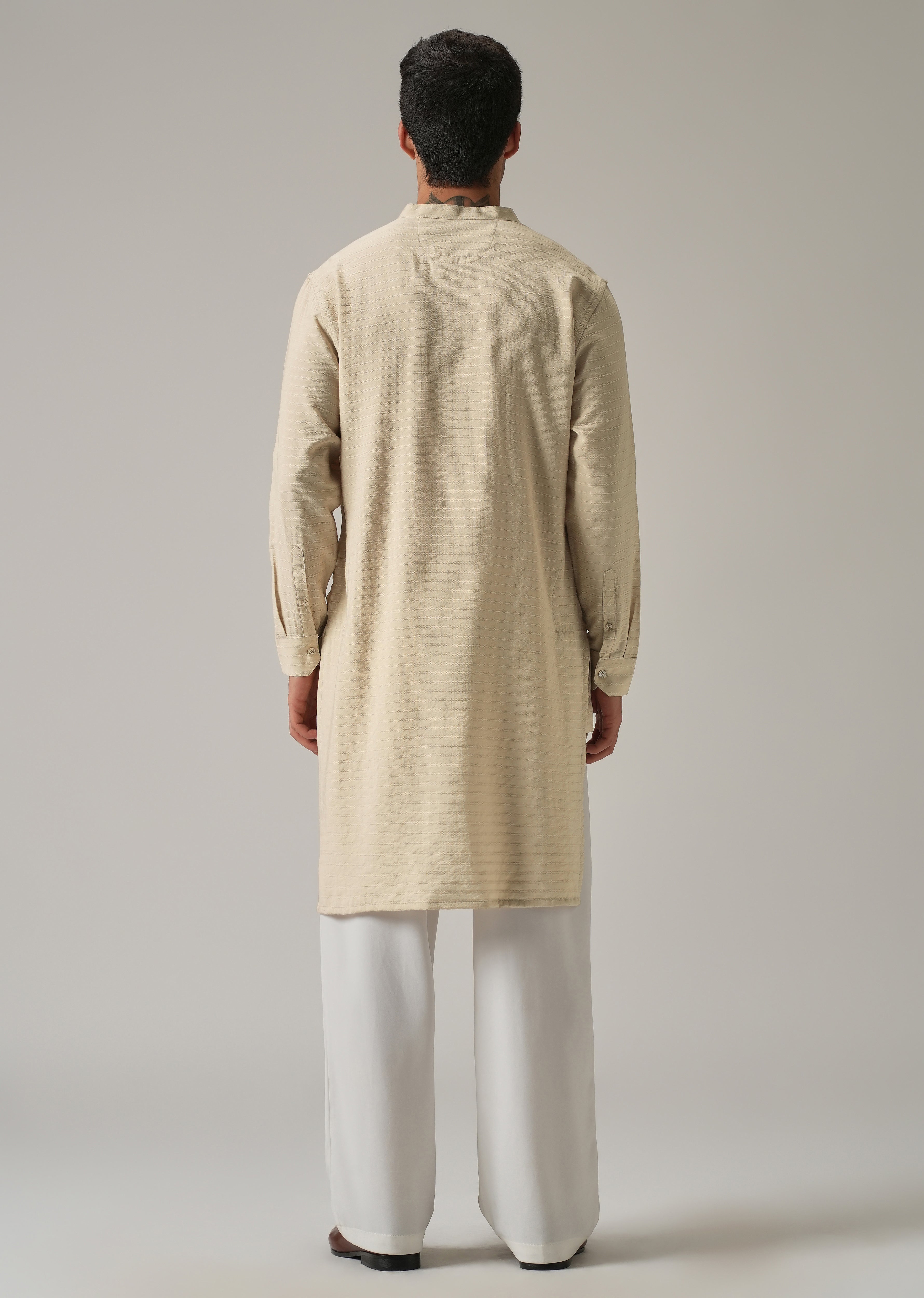 Beige Nylon Self Stripe Kurta