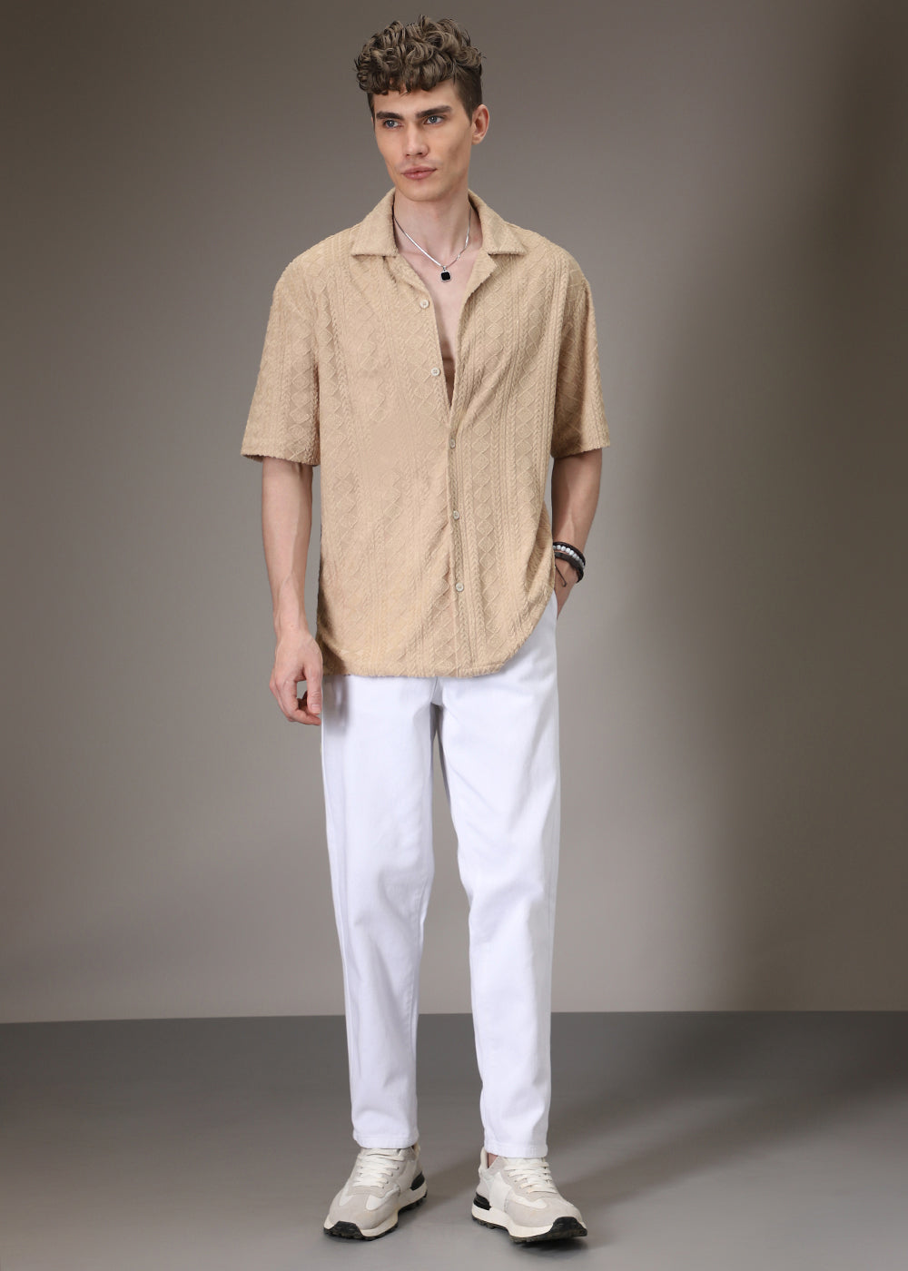 Beige Jacquard Towelling Camp Shirt