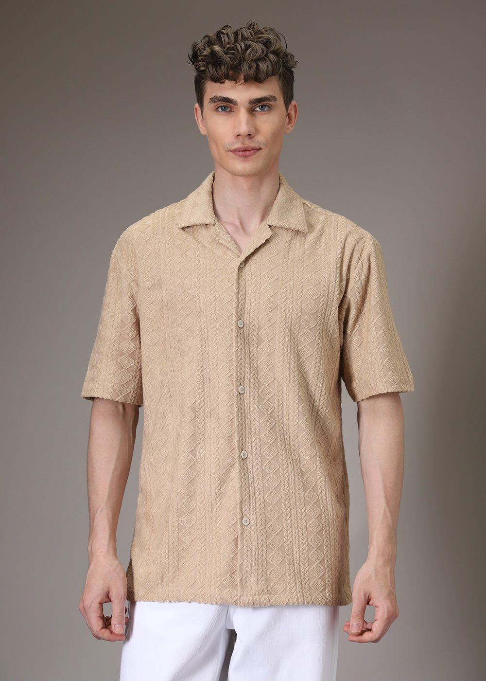 Beige Jacquard Towelling Camp Shirt