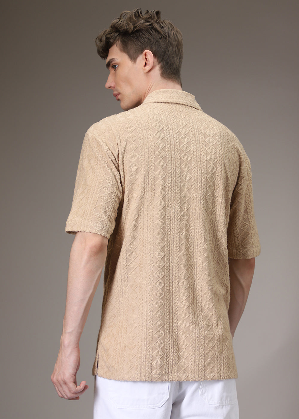 Beige Jacquard Towelling Camp Shirt