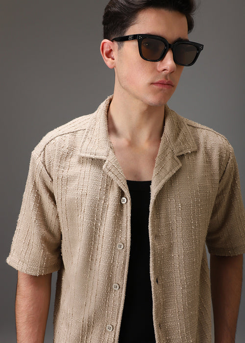 Beige Cuban Collar Knitted Shirt