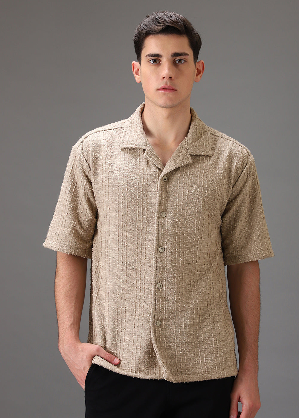 Beige Cuban Collar Knitted Shirt