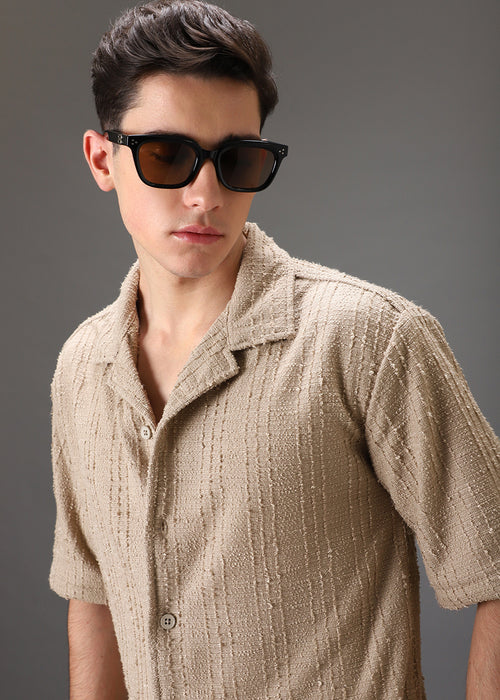 Beige Cuban Collar Knitted Shirt