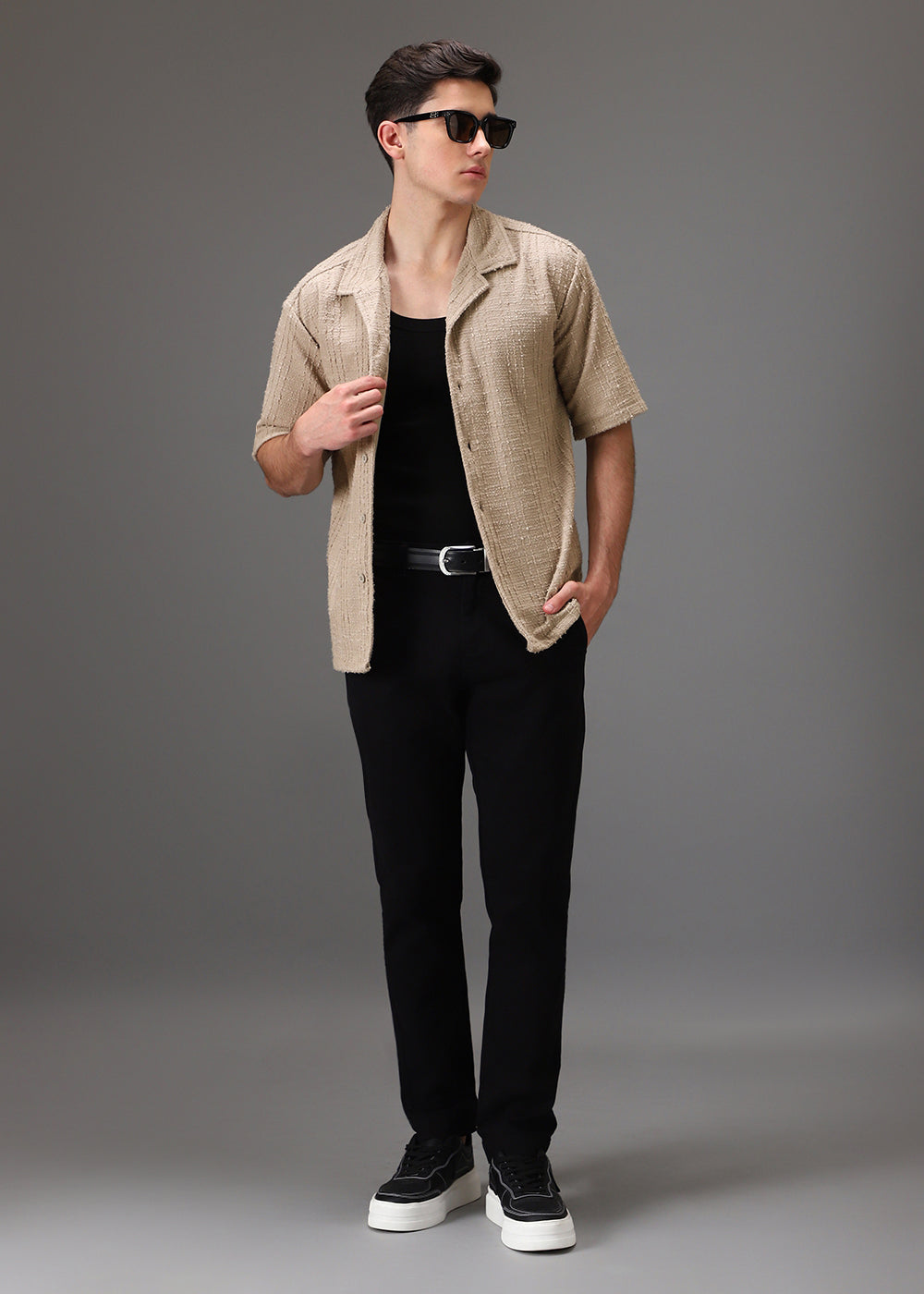 Beige Cuban Collar Knitted Shirt