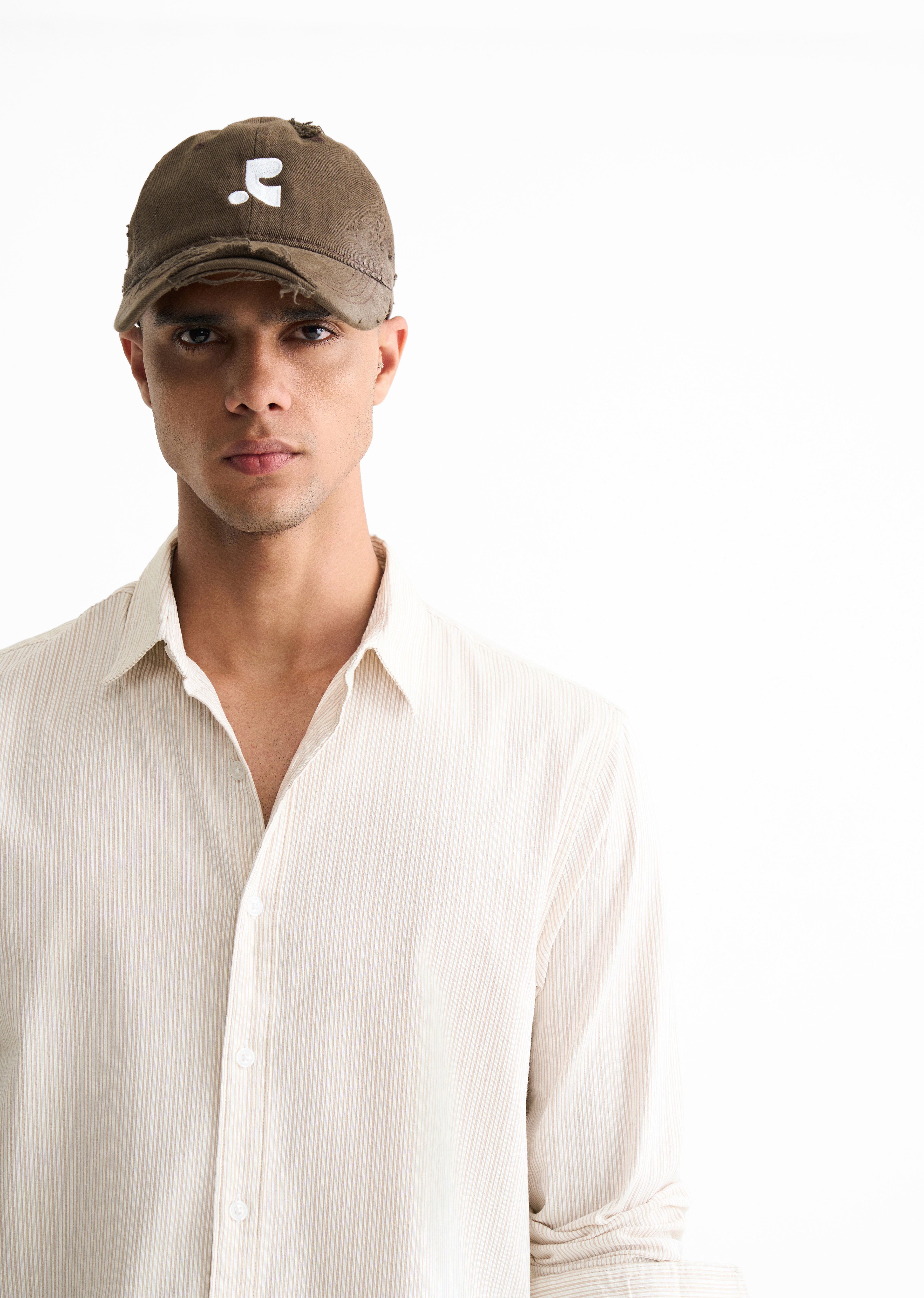 Beige Typography Printed Self-Stripe Shirt