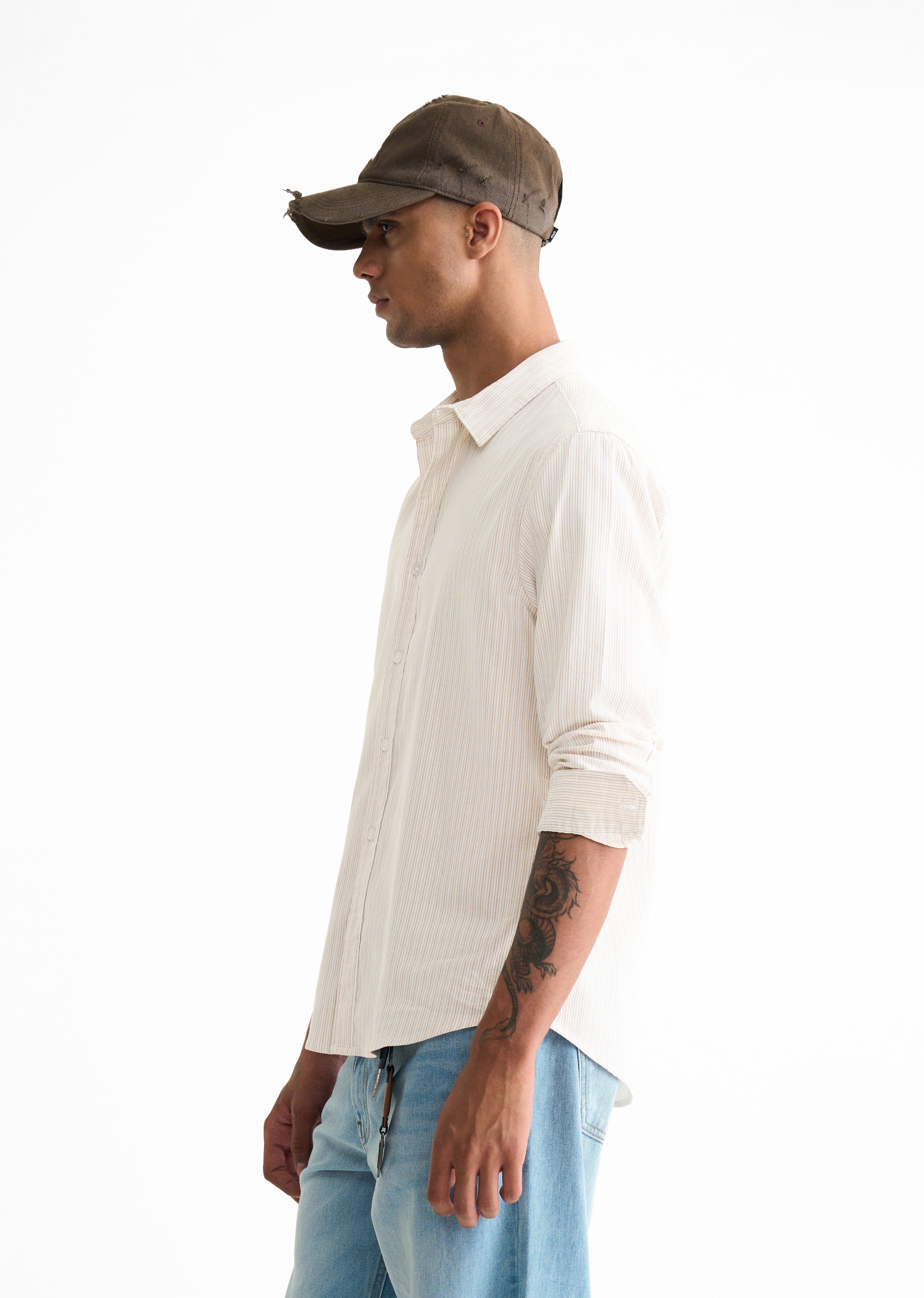 Beige Typography Printed Self-Stripe Shirt