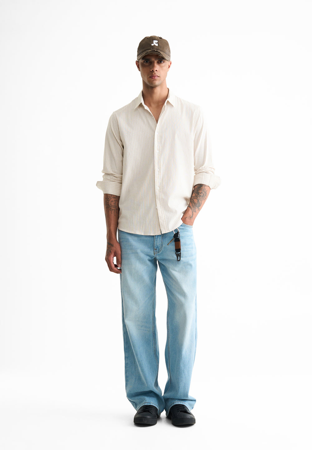 Beige Typography Printed Self-Stripe Shirt