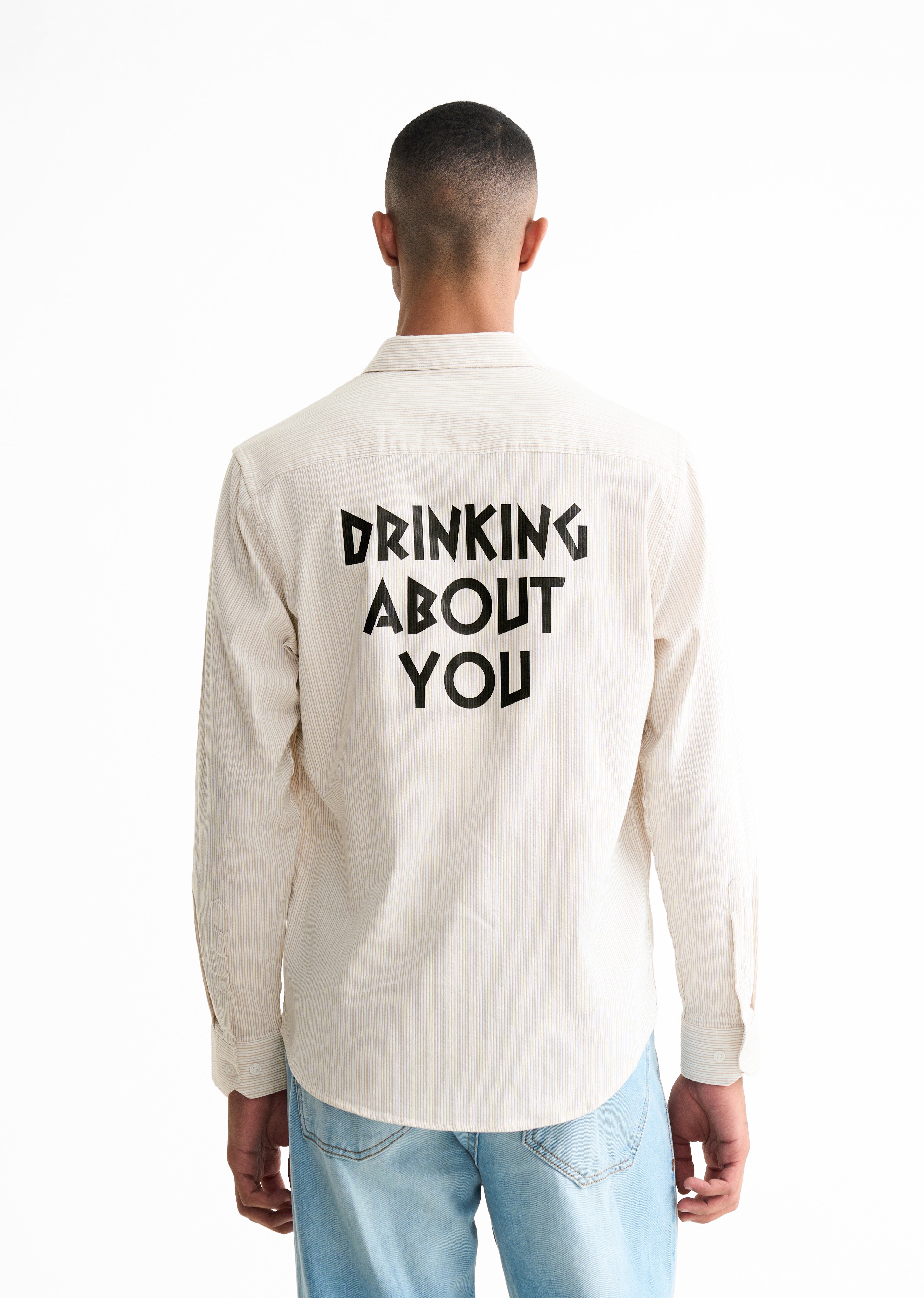 Beige Typography Printed Self-Stripe Shirt