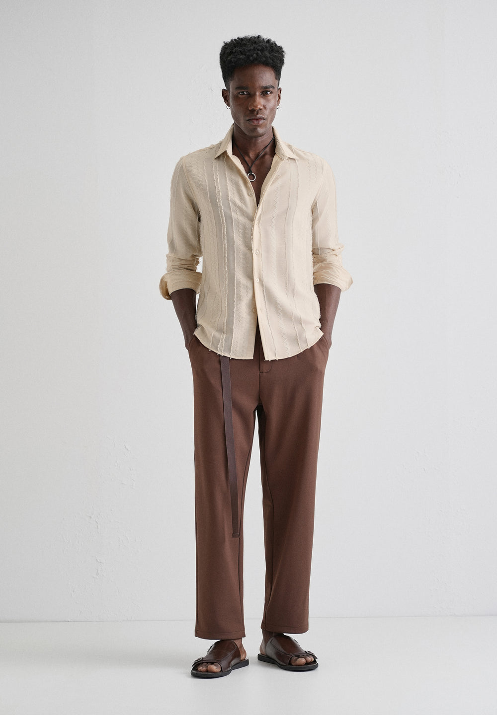 Beige Vertical Chevron Striped Shirt