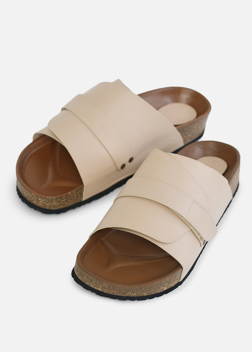 Beige Wide Strap Slip-On Sandals