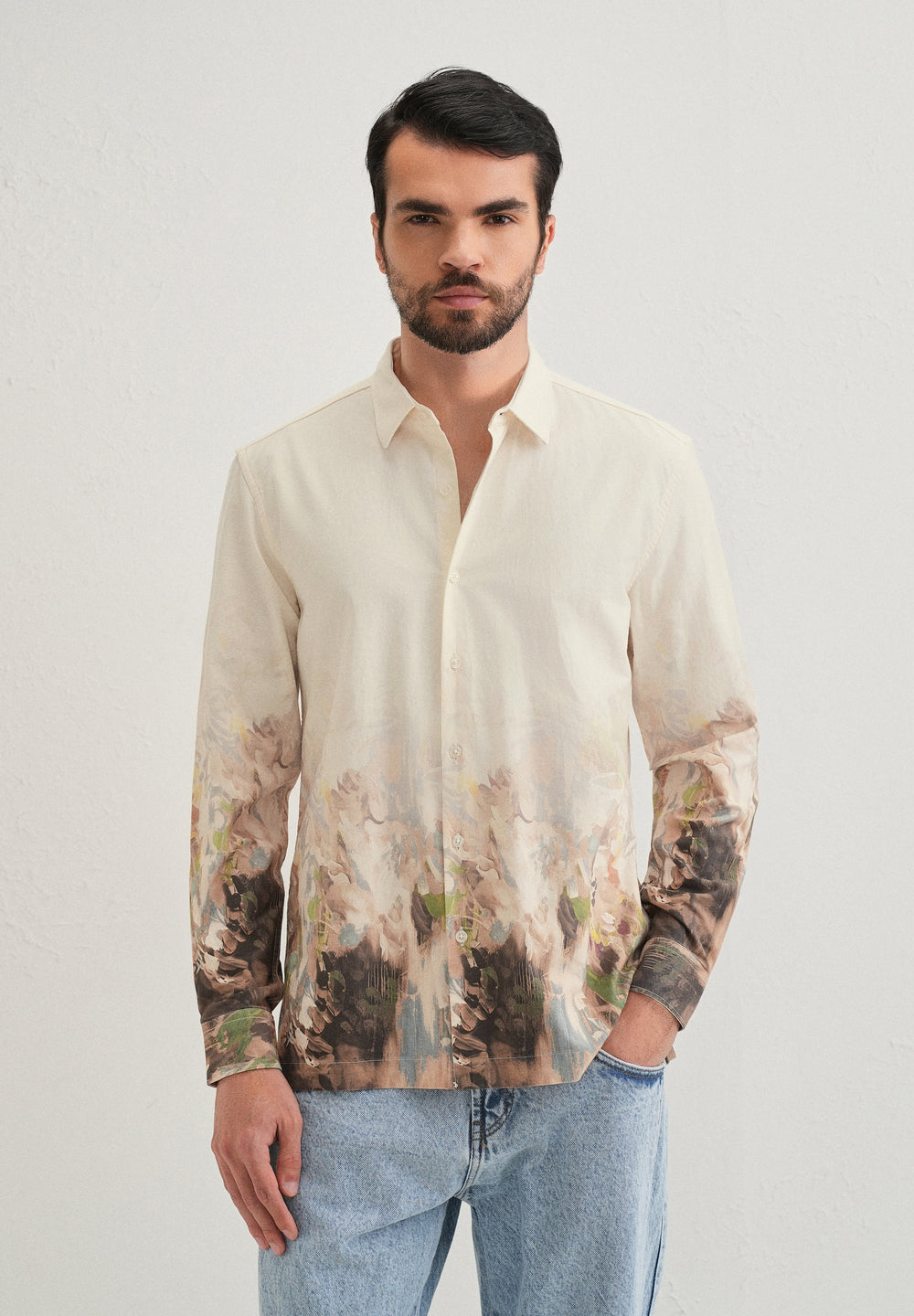 Beige Blue Abstract Printed Shirt