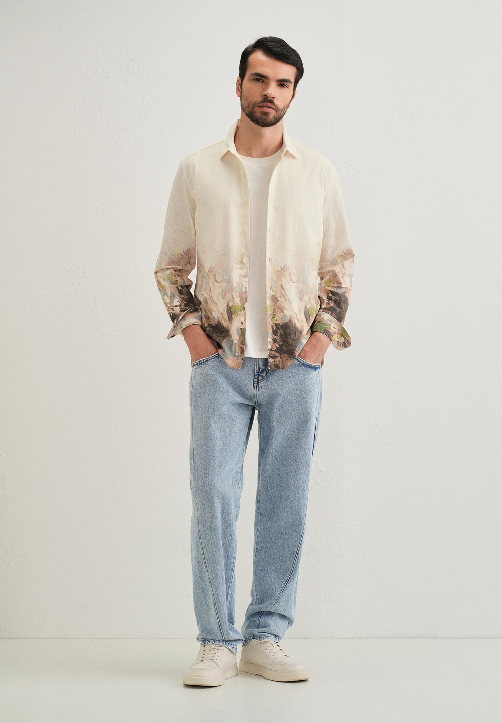 Beige Blue Abstract Printed Shirt