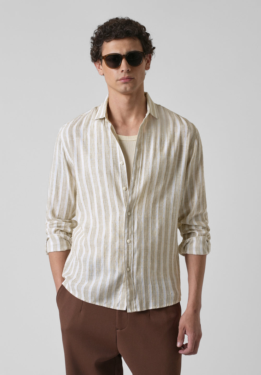 Beige Blended Cotton Striped Shirt