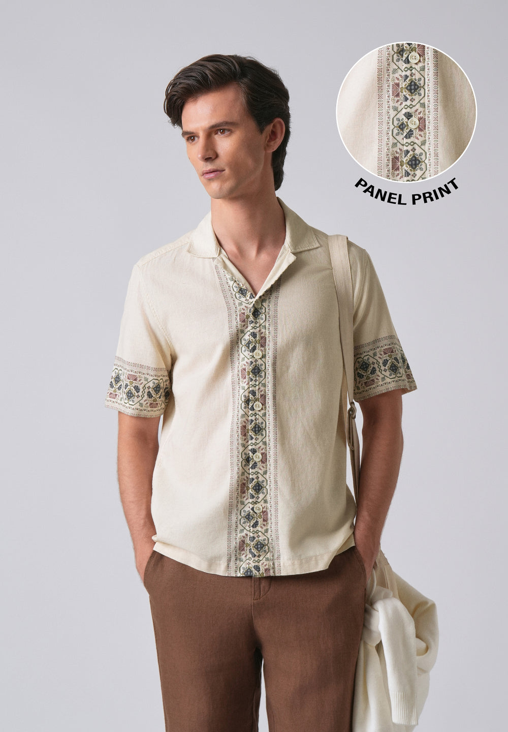 Beige Cotton/Linen Pannel Print Shirt