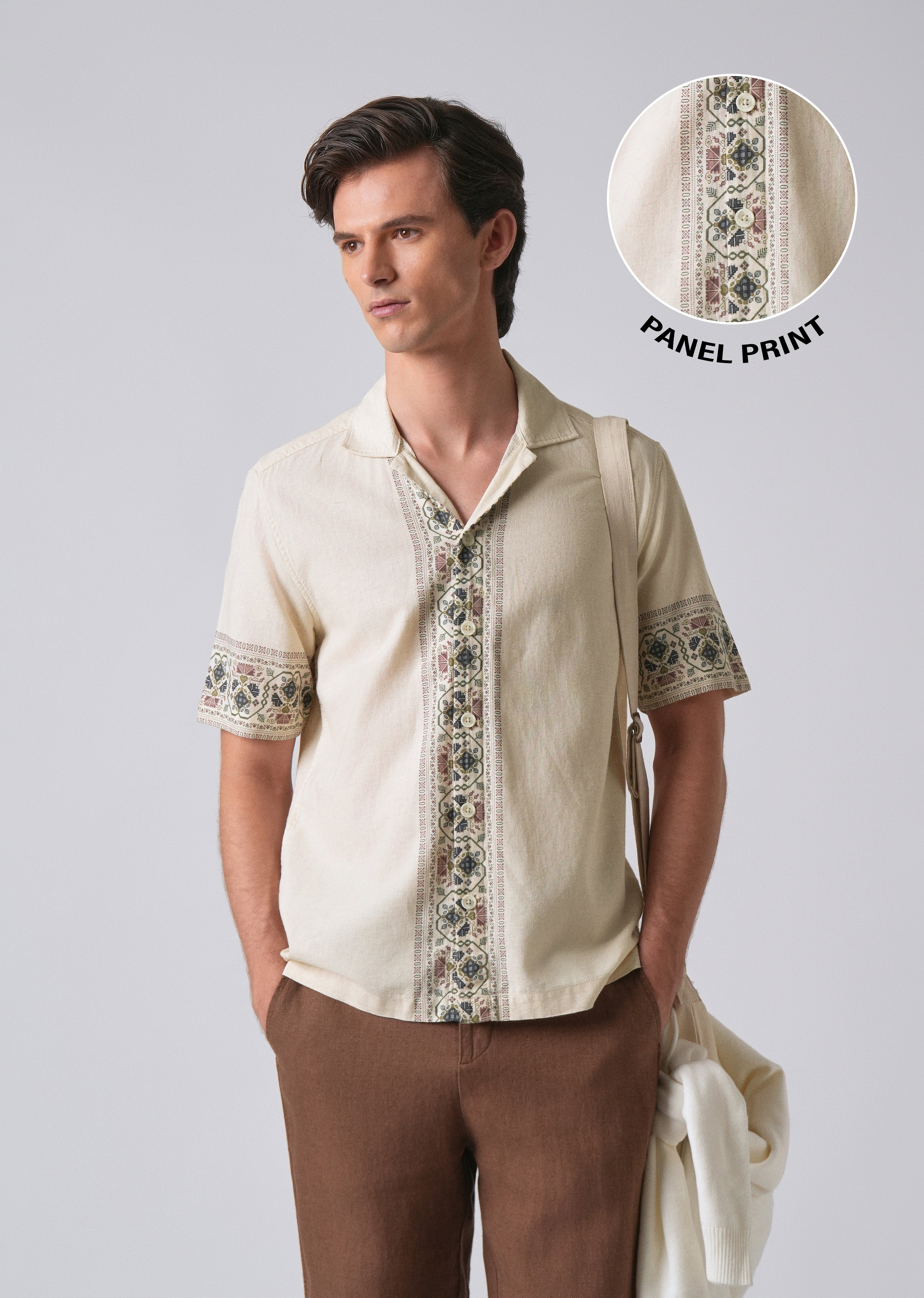 Beige Cotton/Linen Pannel Print Shirt